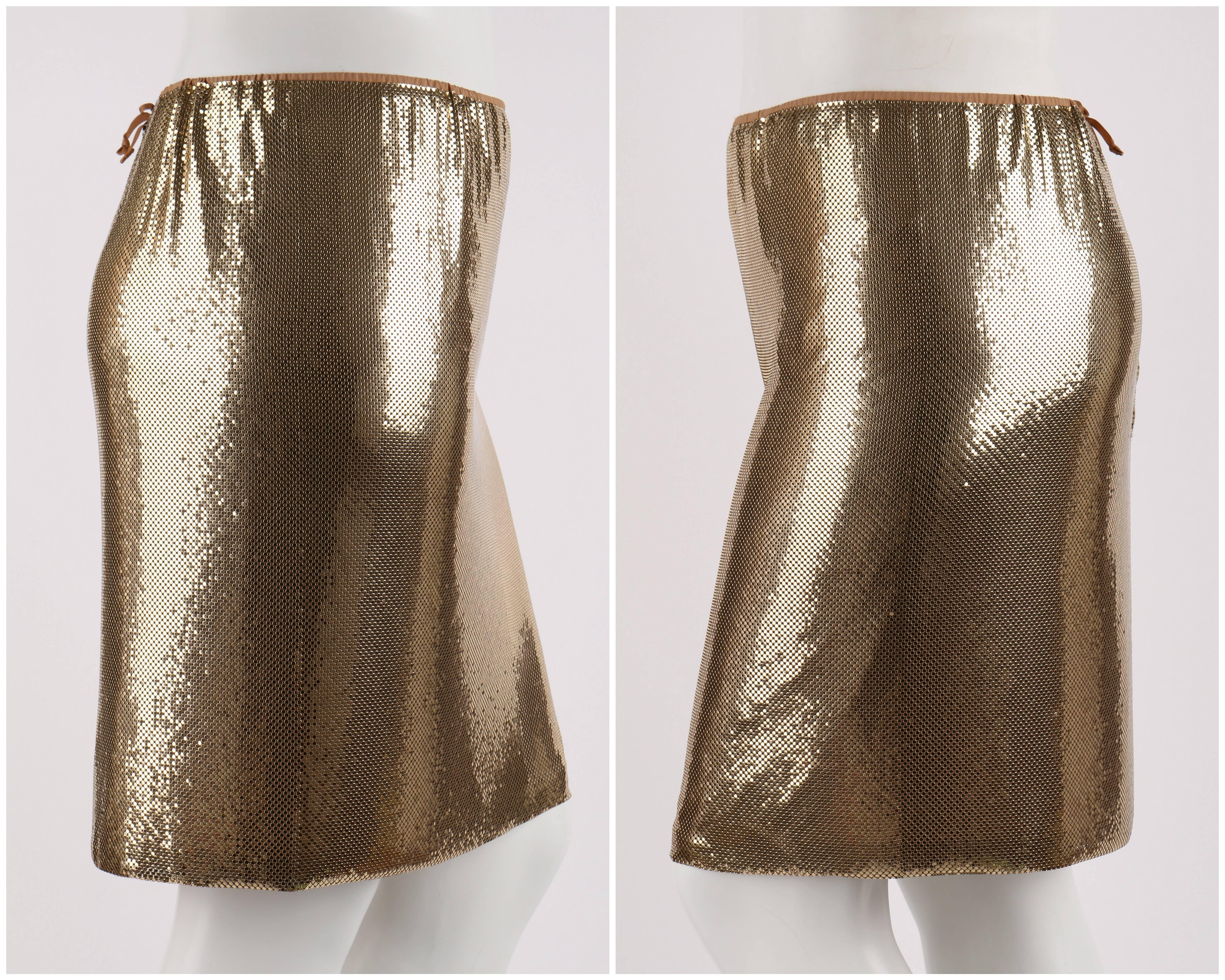 WHITING AND DAVIS c.1970's Gold Metal Mesh Cowl Neck Top Skirt Dress Set Size L In Excellent Condition In Thiensville, WI