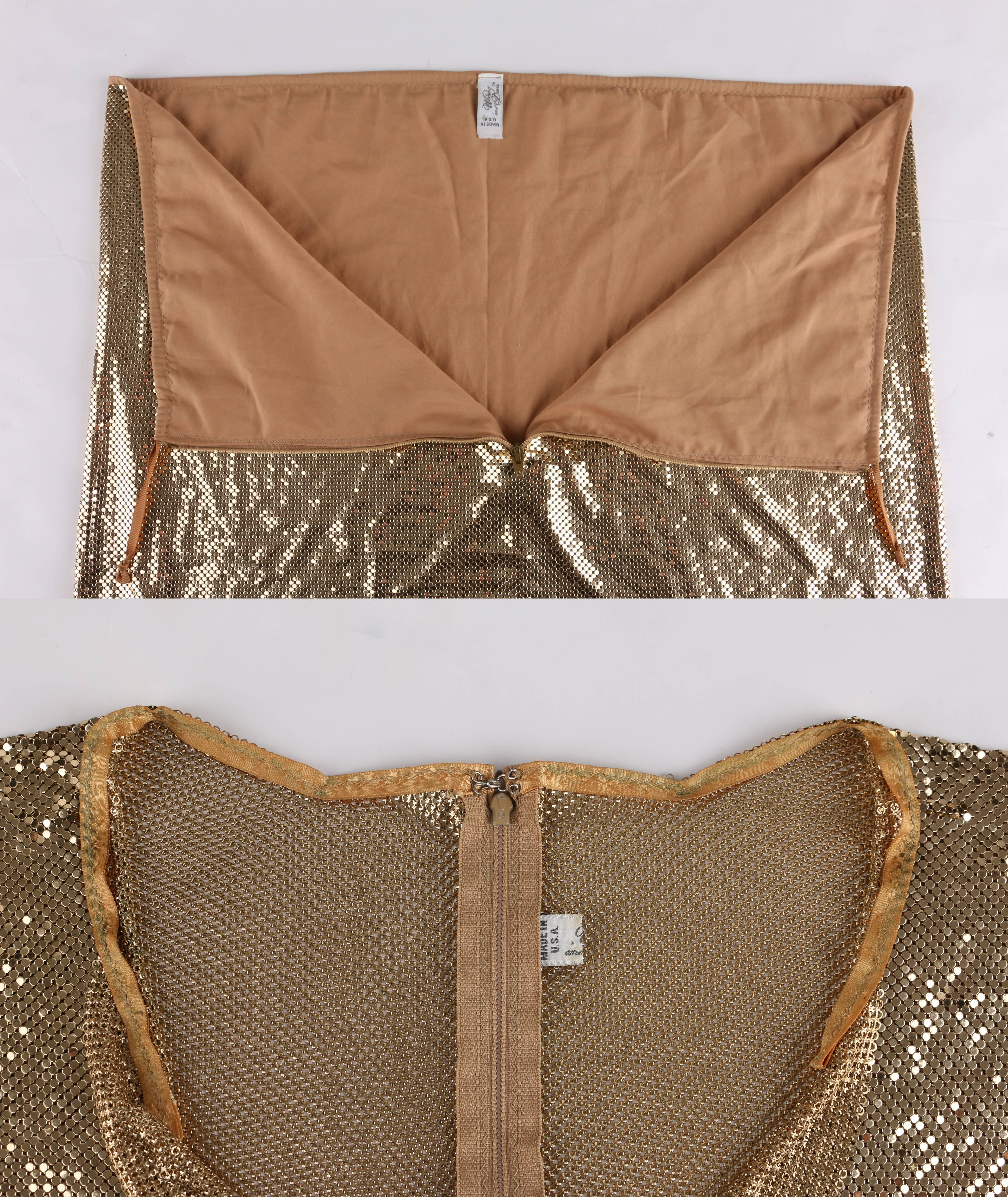 WHITING AND DAVIS c.1970's Gold Metal Mesh Cowl Neck Top Skirt Dress Set Size L 1