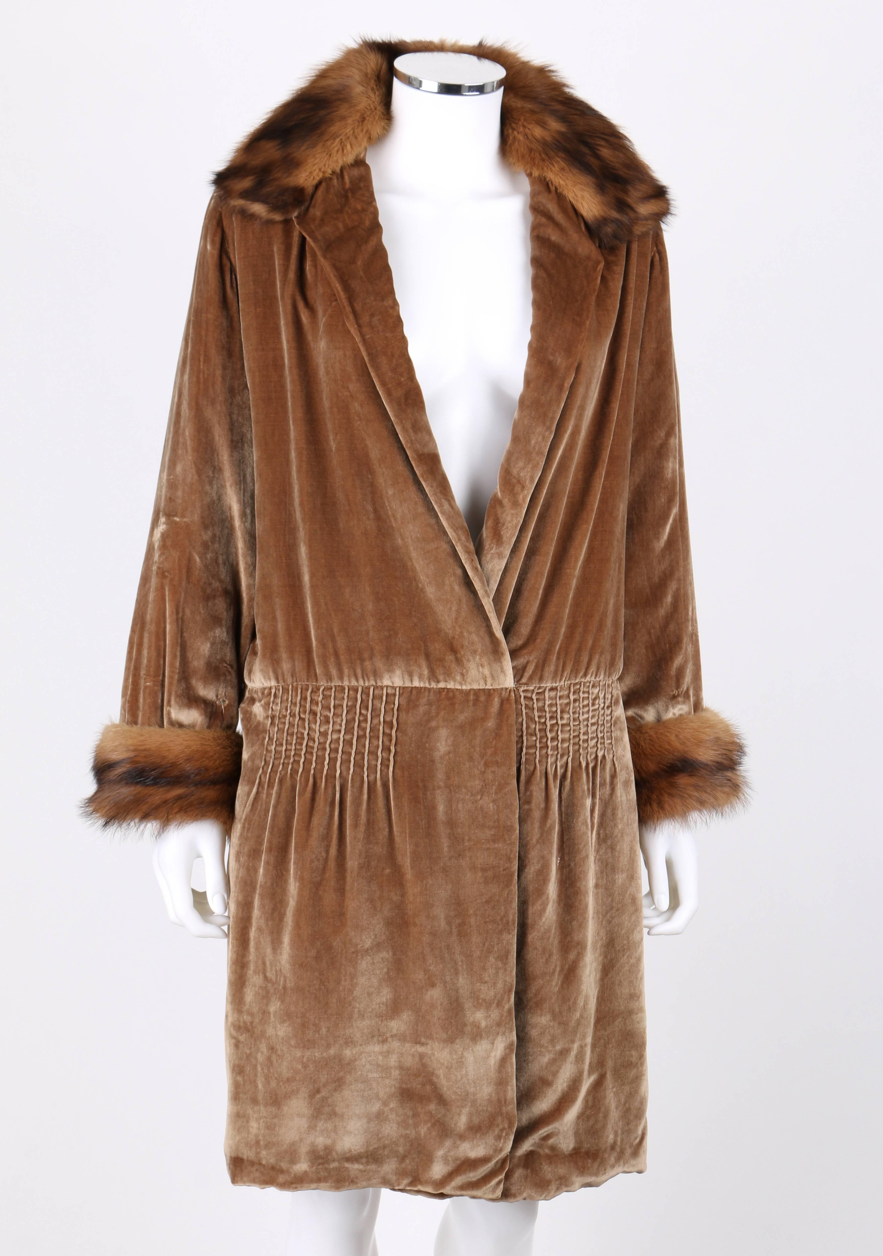 Vintage c.1920's Jean Patou couture bronze silk velvet fur trim flapper evening coat. Deep V-neckline with lapels. Long sleeves. Red fox fur trim at collar and cuffs. Drop waist with pinktuck detailing. Cross over button and hook/eye center front