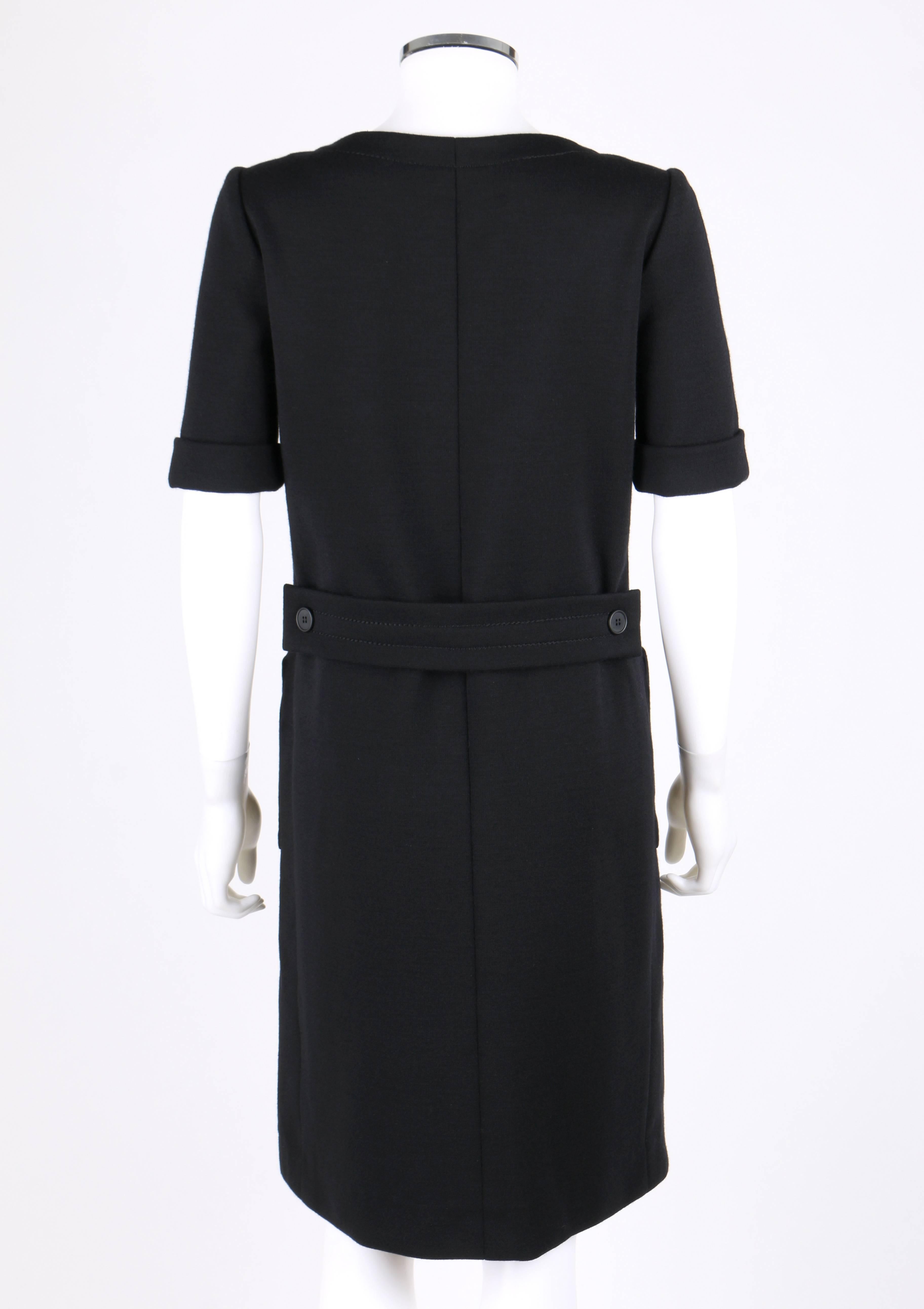 Women's JEAN PATOU c.1960's KARL LAGERFELD Black Short Sleeve Mod 100% Wool Shift Dress