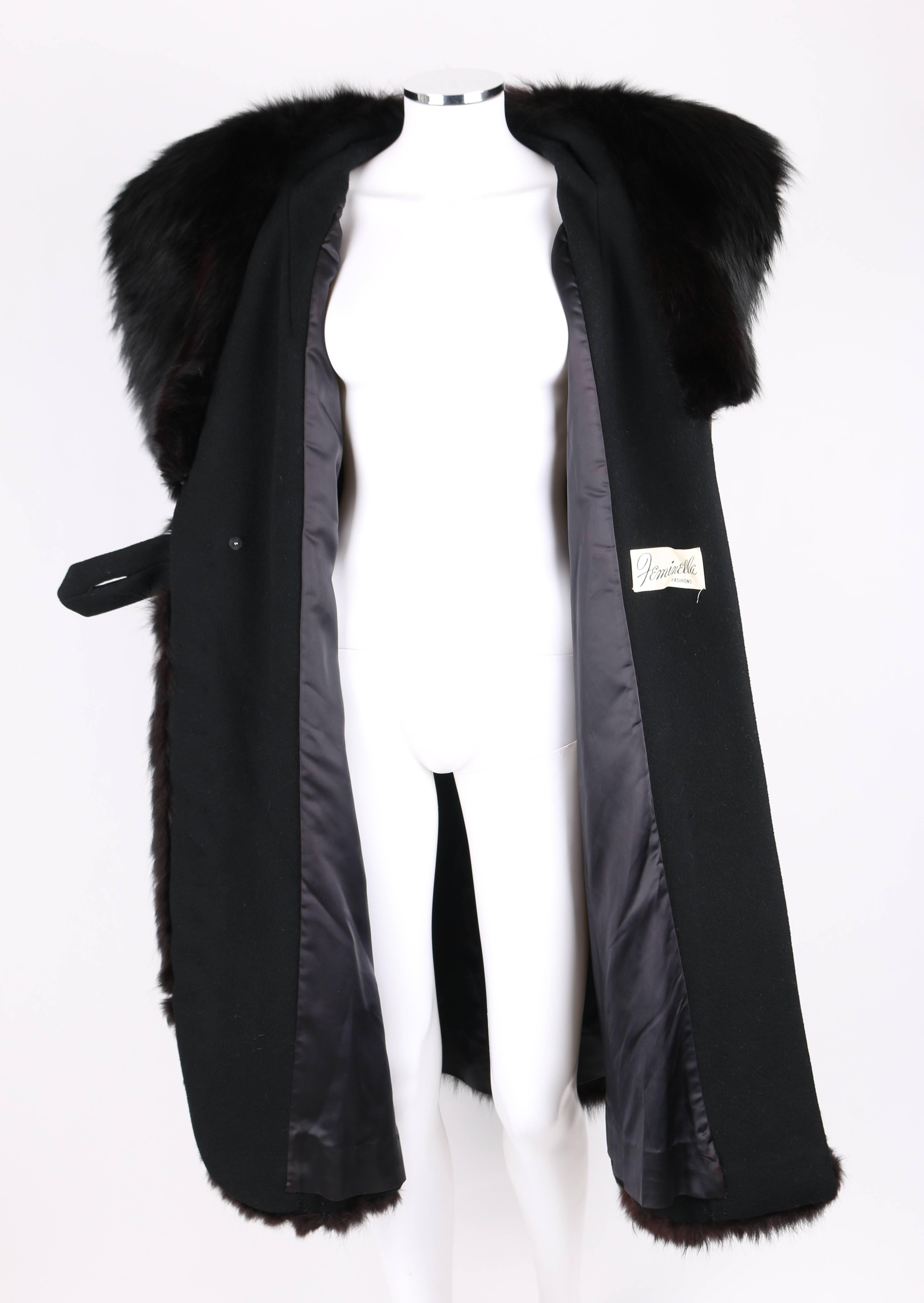 FEMINELLA c.1960's Black Fox Fur Wool Long Princess Coat Jacket In Excellent Condition In Thiensville, WI