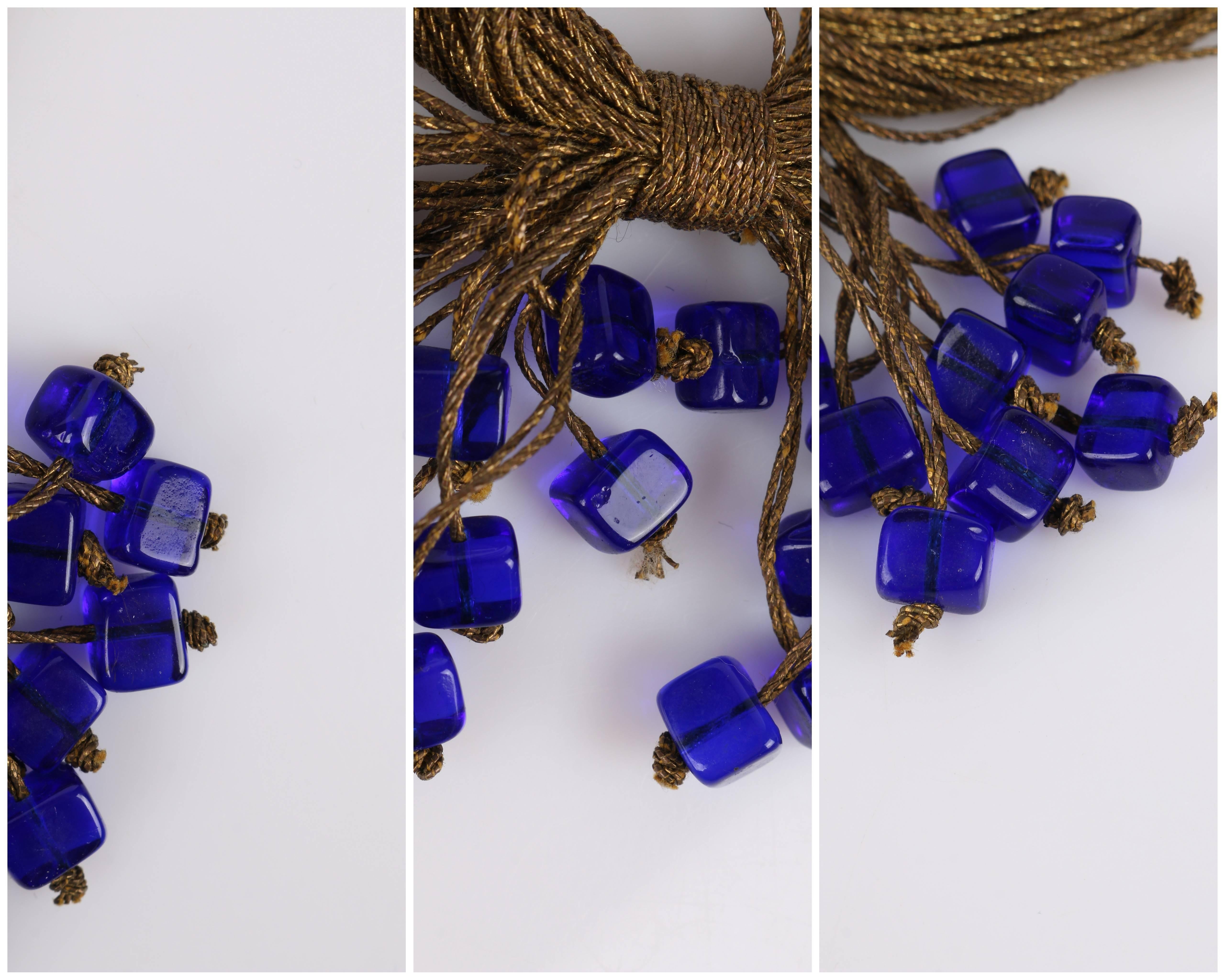 c.1920's Antique Gold Bullion Tassel Cobalt Blue Cube Glass Bead Knot Necklace 3