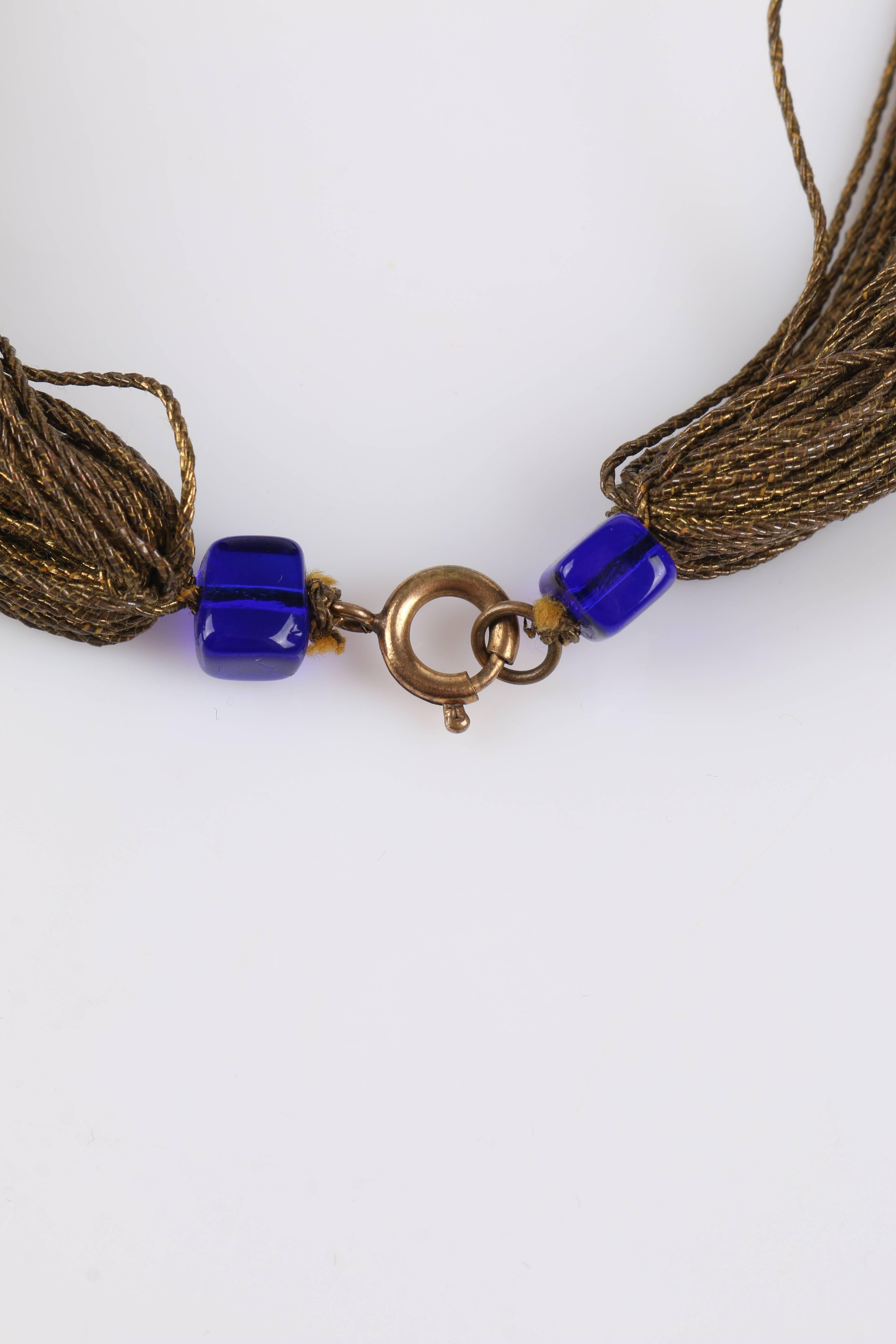 c.1920's Antique Gold Bullion Tassel Cobalt Blue Cube Glass Bead Knot Necklace 1