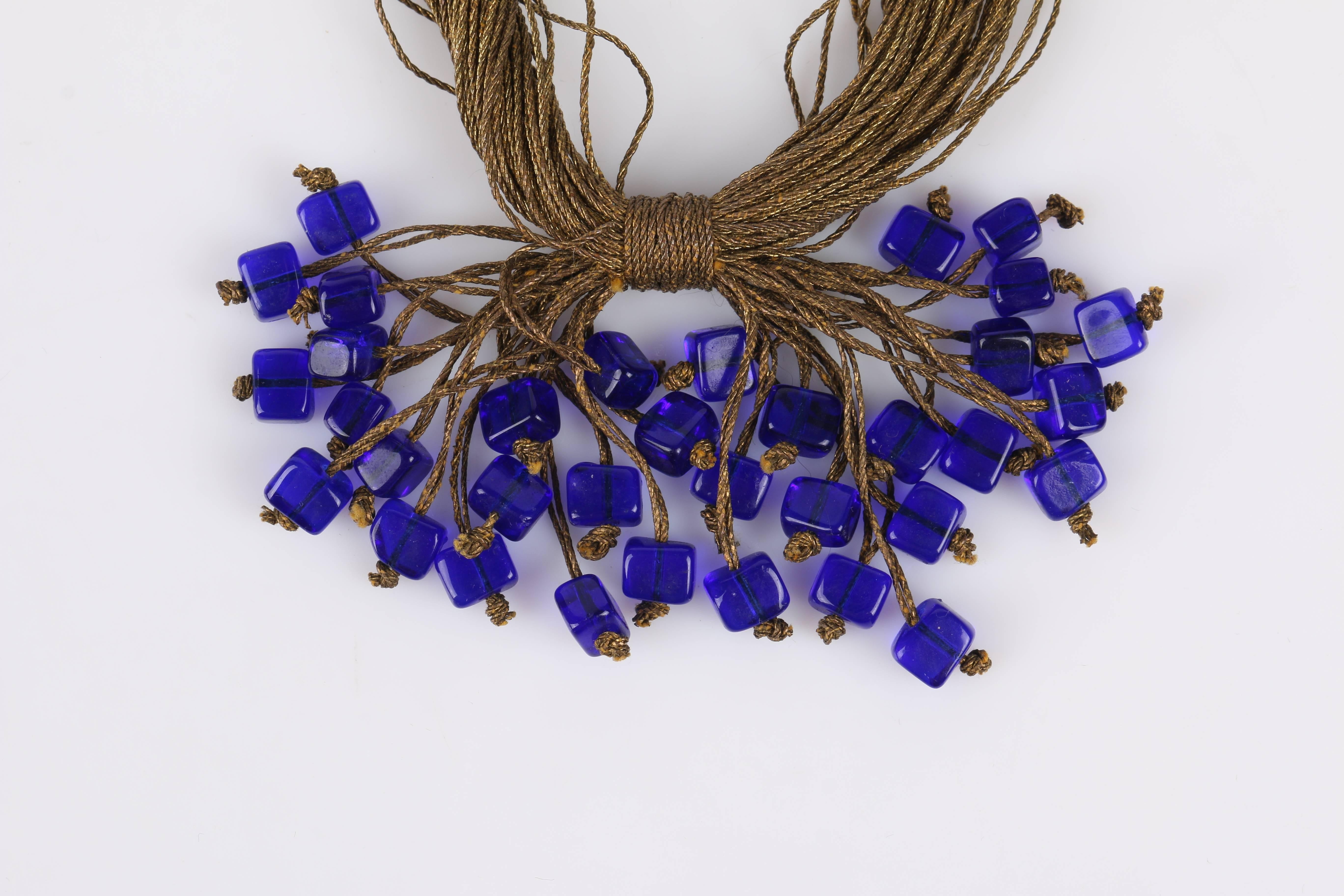 c.1920's Antique Gold Bullion Tassel Cobalt Blue Cube Glass Bead Knot Necklace In Good Condition In Thiensville, WI