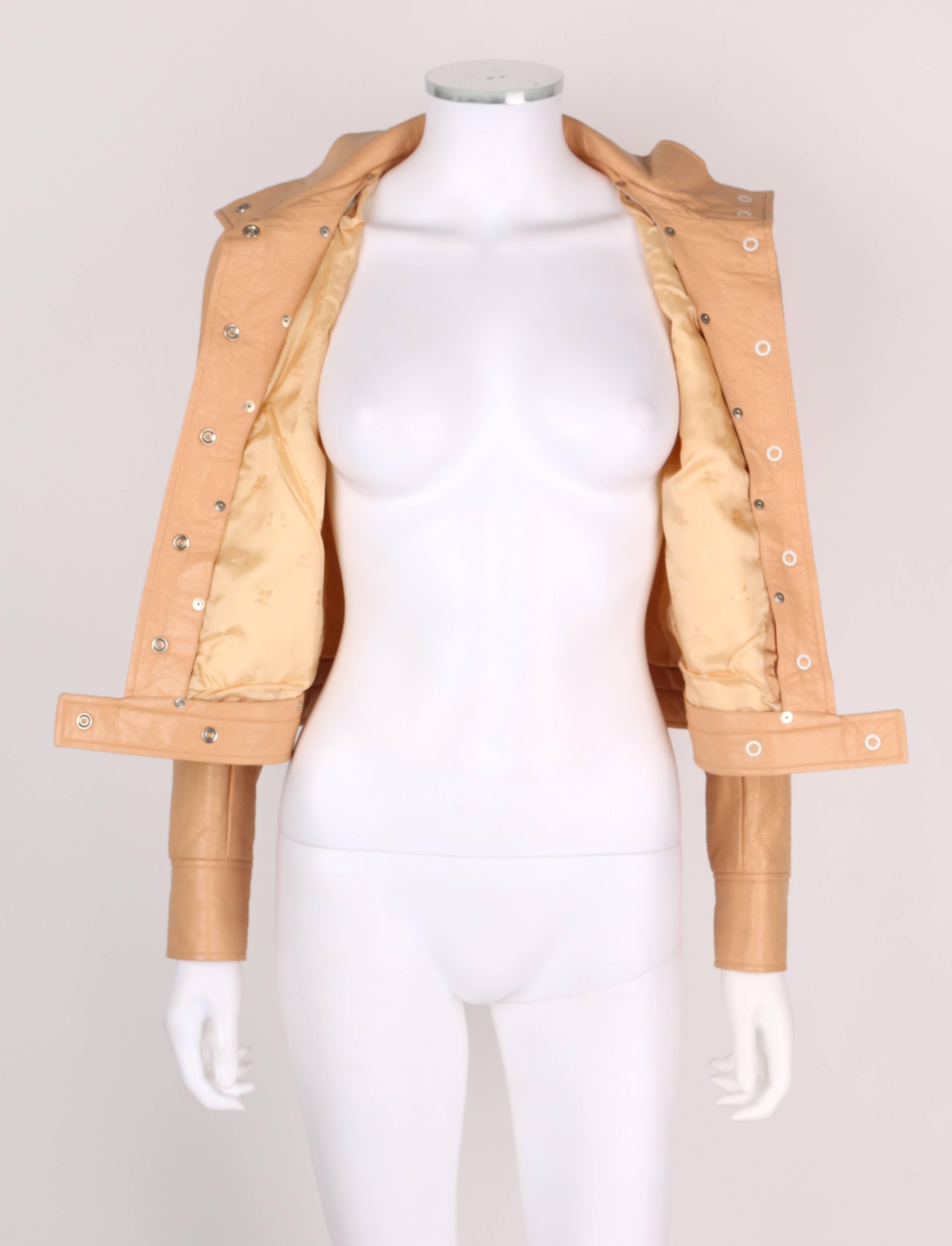 COURREGES PARIS c.1970's Tan Signature Logo Mod Vinyl Faux Leather Snap Jacket In Excellent Condition In Thiensville, WI