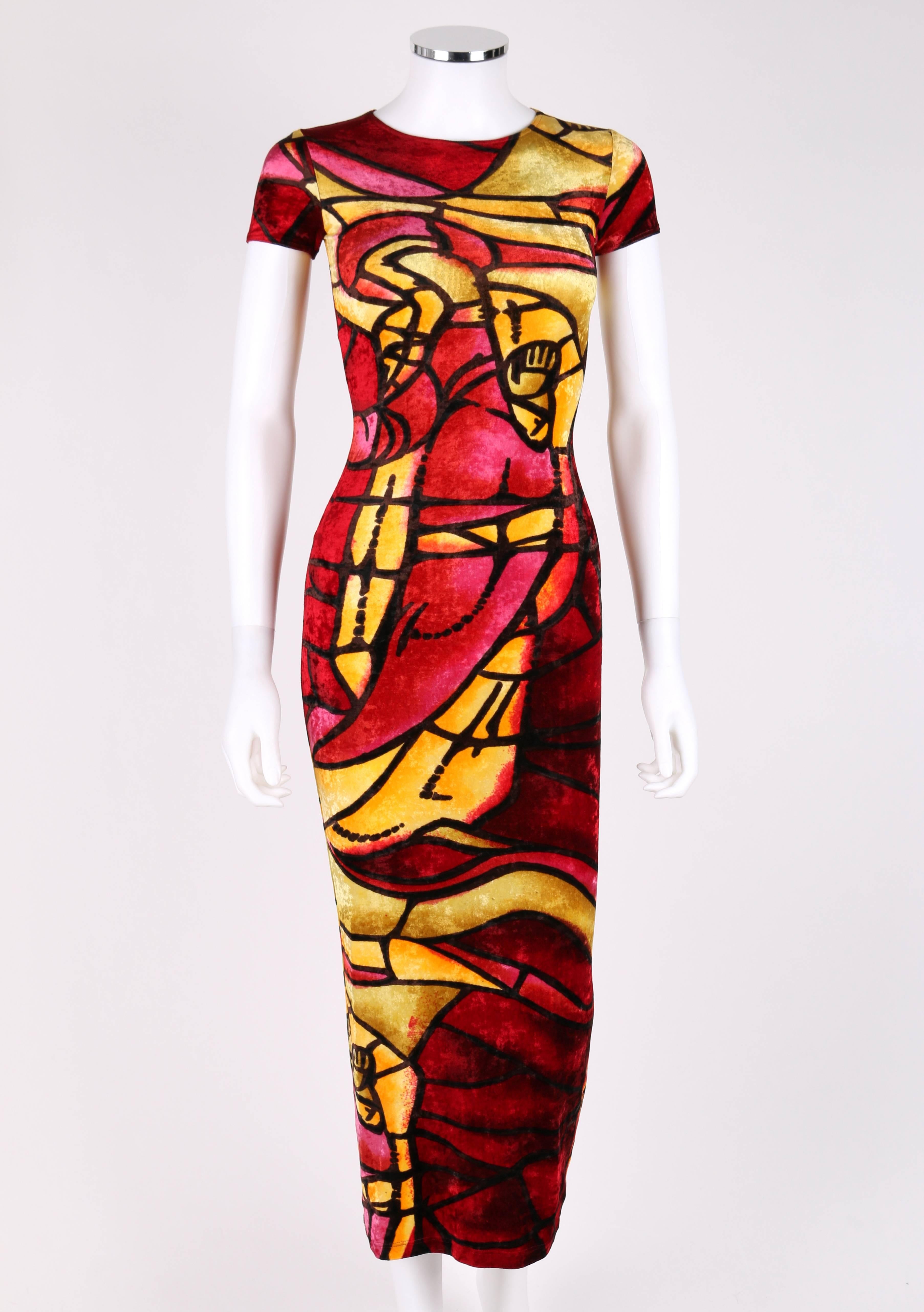 Christian Dior c.late 1990's designed by John Galliano multicolored stained glass print crushed velvet dress. Round neckline. Short sleeves. Bodycon midi style. All over stained glass print in shades of yellow, pink and deep red. Stretch silk