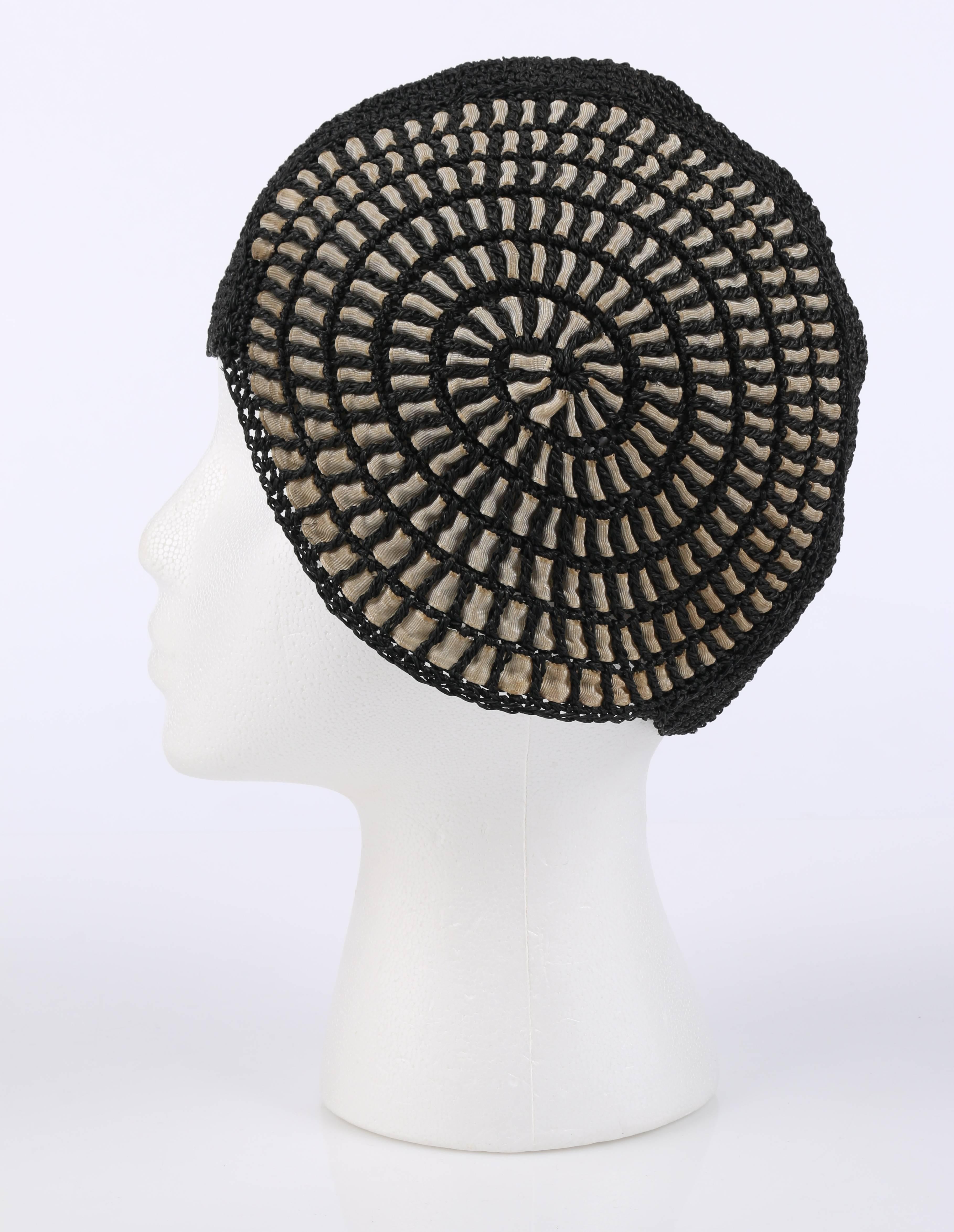 Women's COUTURE c.1920's Black Straw Spiral Woven Ribbon Juliet Cap Flapper Cloche Hat