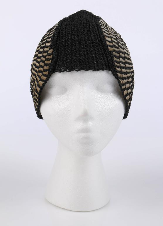 Couture C1920s Black Straw Spiral Woven Ribbon Juliet Cap - 