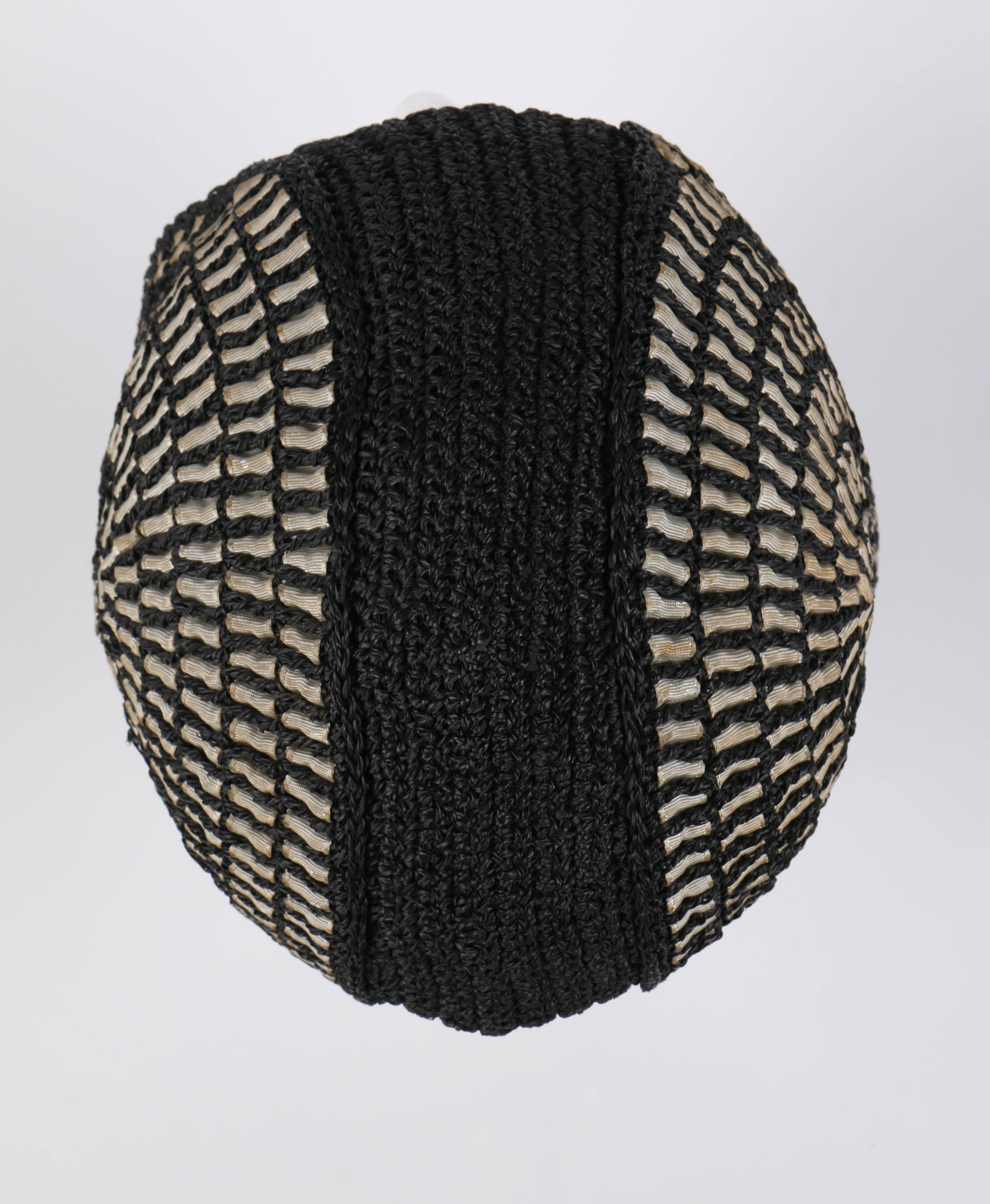 COUTURE c.1920's Black Straw Spiral Woven Ribbon Juliet Cap Flapper Cloche Hat 1