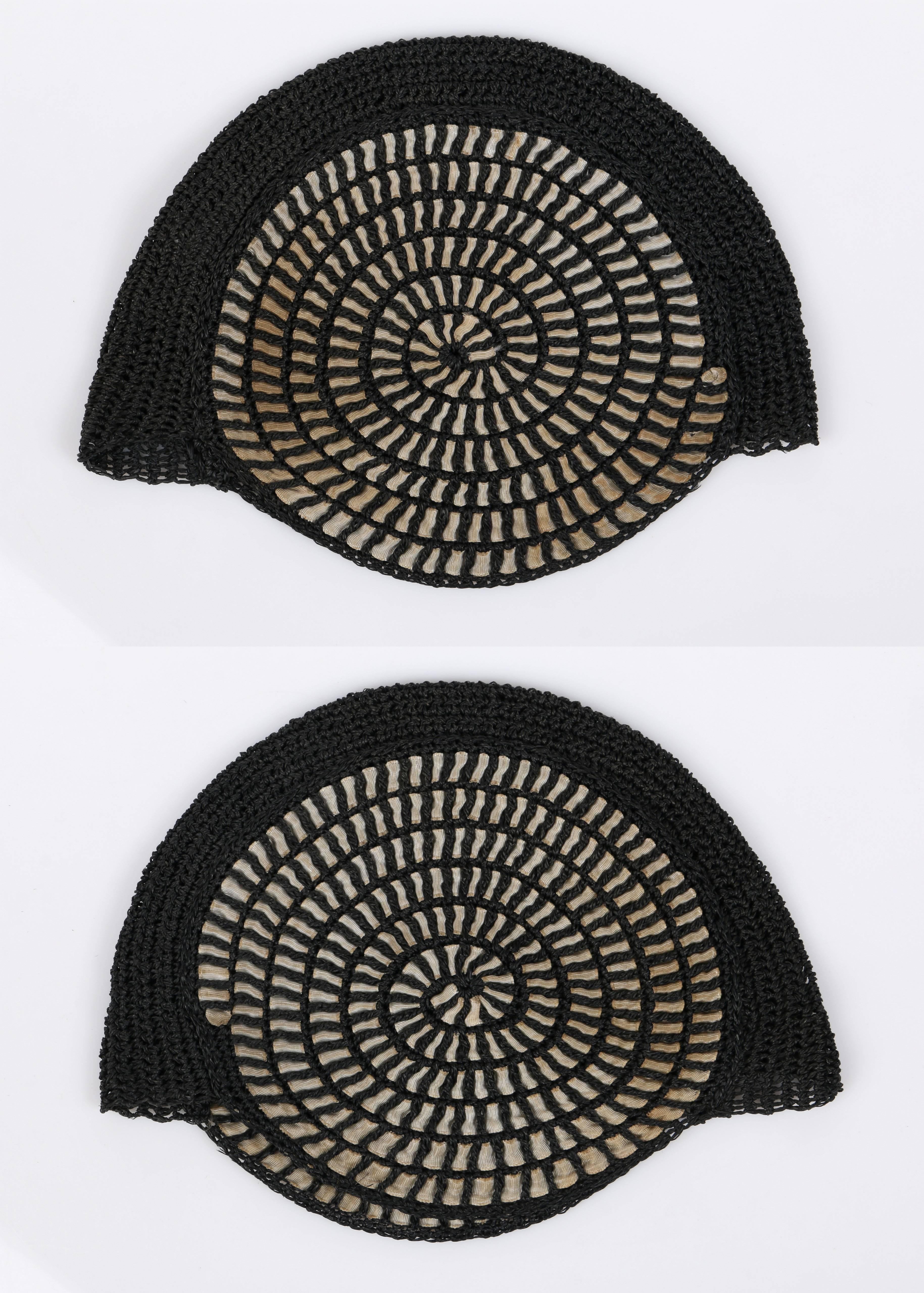 COUTURE c.1920's Black Straw Spiral Woven Ribbon Juliet Cap Flapper Cloche Hat 2
