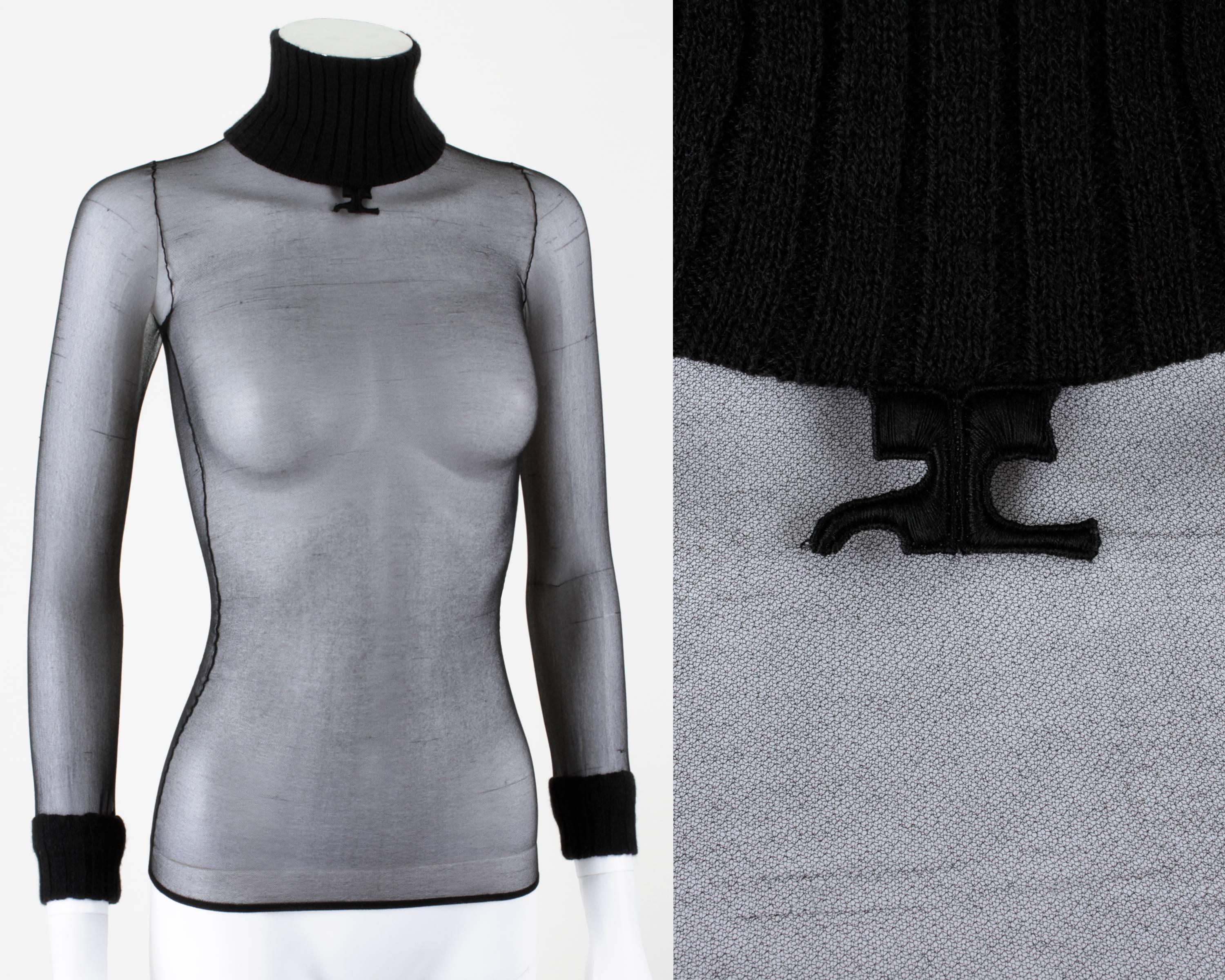 Vintage c.late 1960's Courreges Paris sheer black mesh turtleneck top. Ribbed knit collar and cuffs. Sheer mesh body. 3/4 length sleeves. Signature 