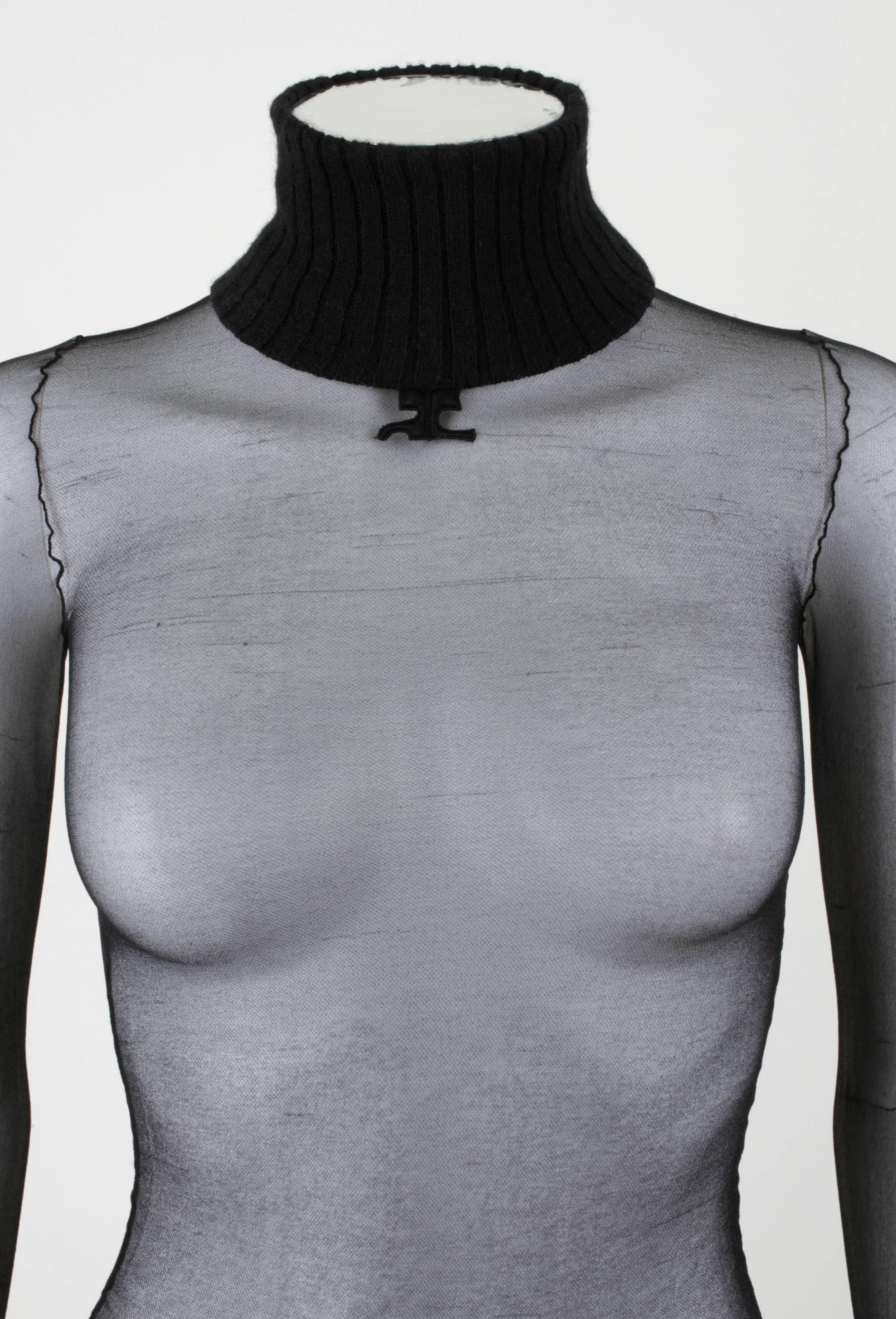 COURREGES PARIS c.1960's Black Sheer Mesh Signature Logo Mod Turtleneck Top In Excellent Condition In Thiensville, WI