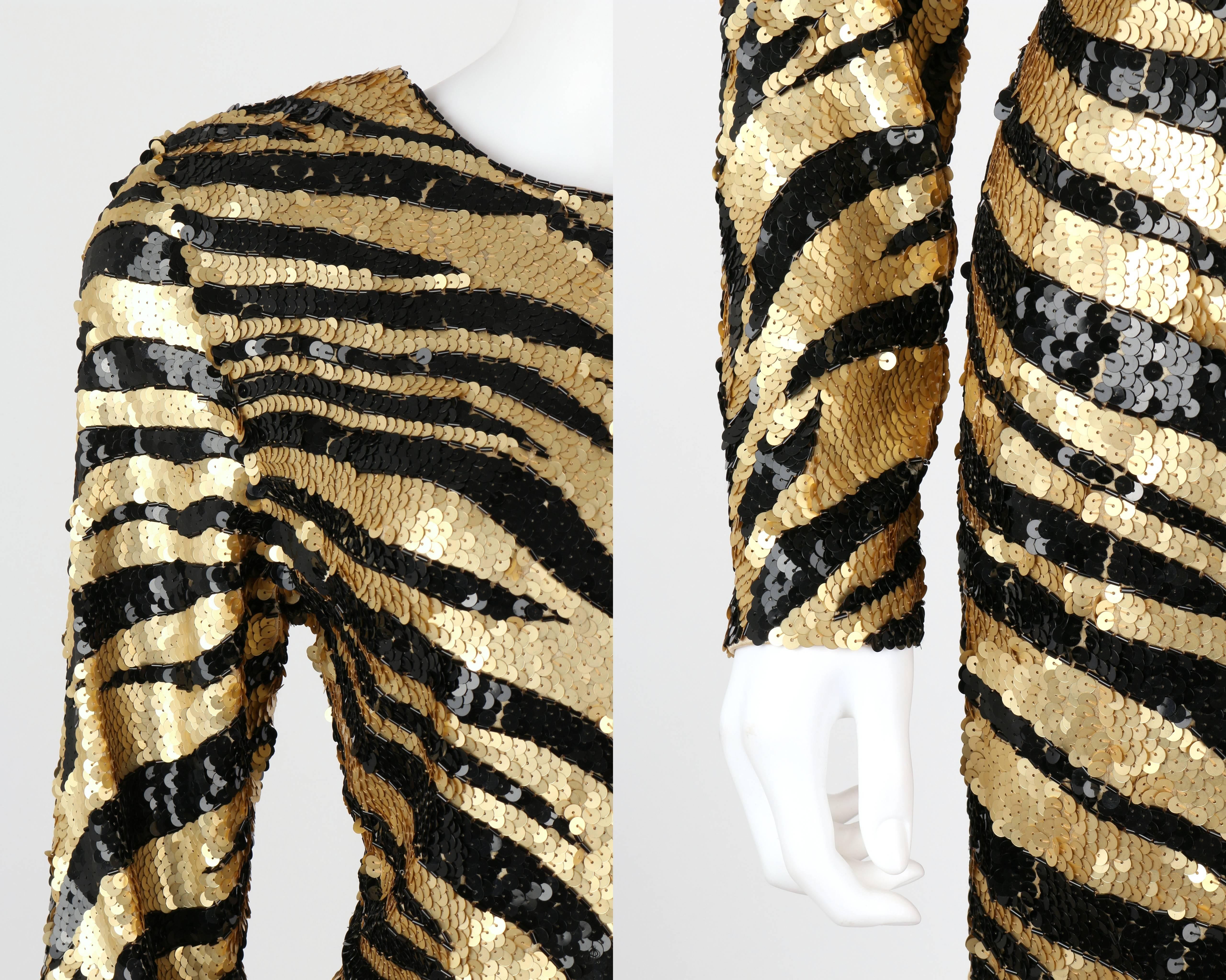 LILLIE RUBIN c.1980's Gold Black Sequin Bead Tiger Stripe Cocktail Evening Dress In Excellent Condition In Thiensville, WI