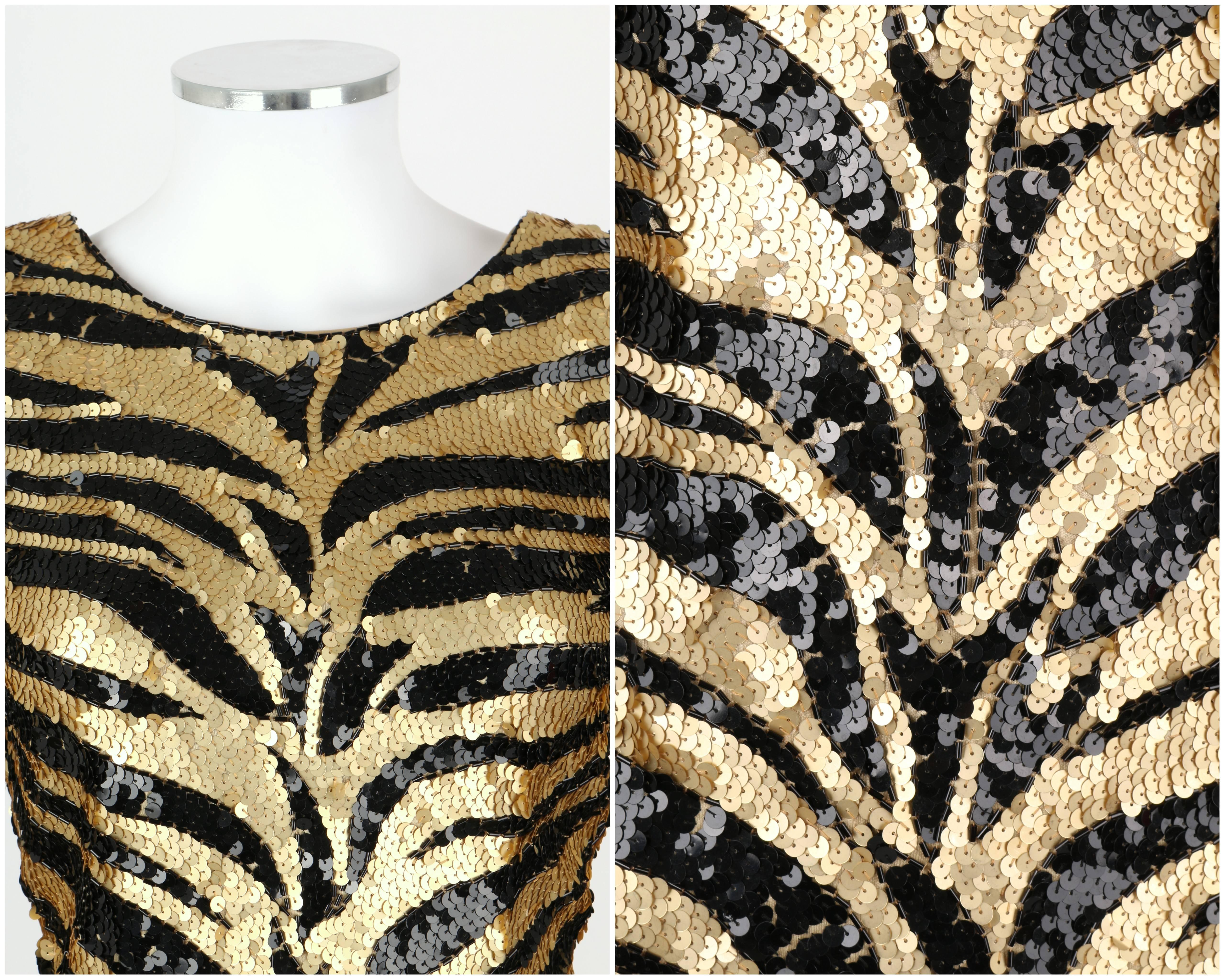 Beige LILLIE RUBIN c.1980's Gold Black Sequin Bead Tiger Stripe Cocktail Evening Dress