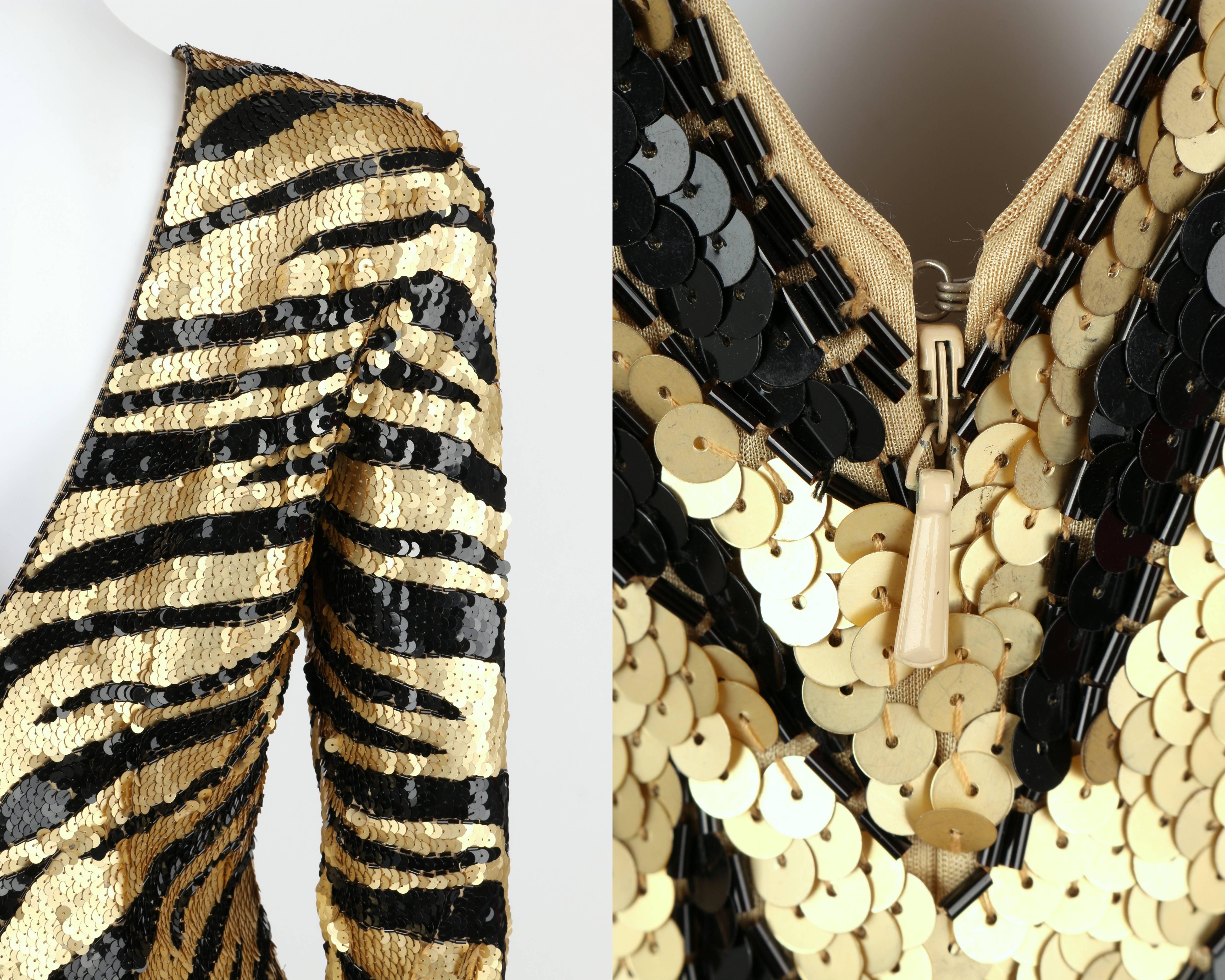 LILLIE RUBIN c.1980's Gold Black Sequin Bead Tiger Stripe Cocktail Evening Dress 1