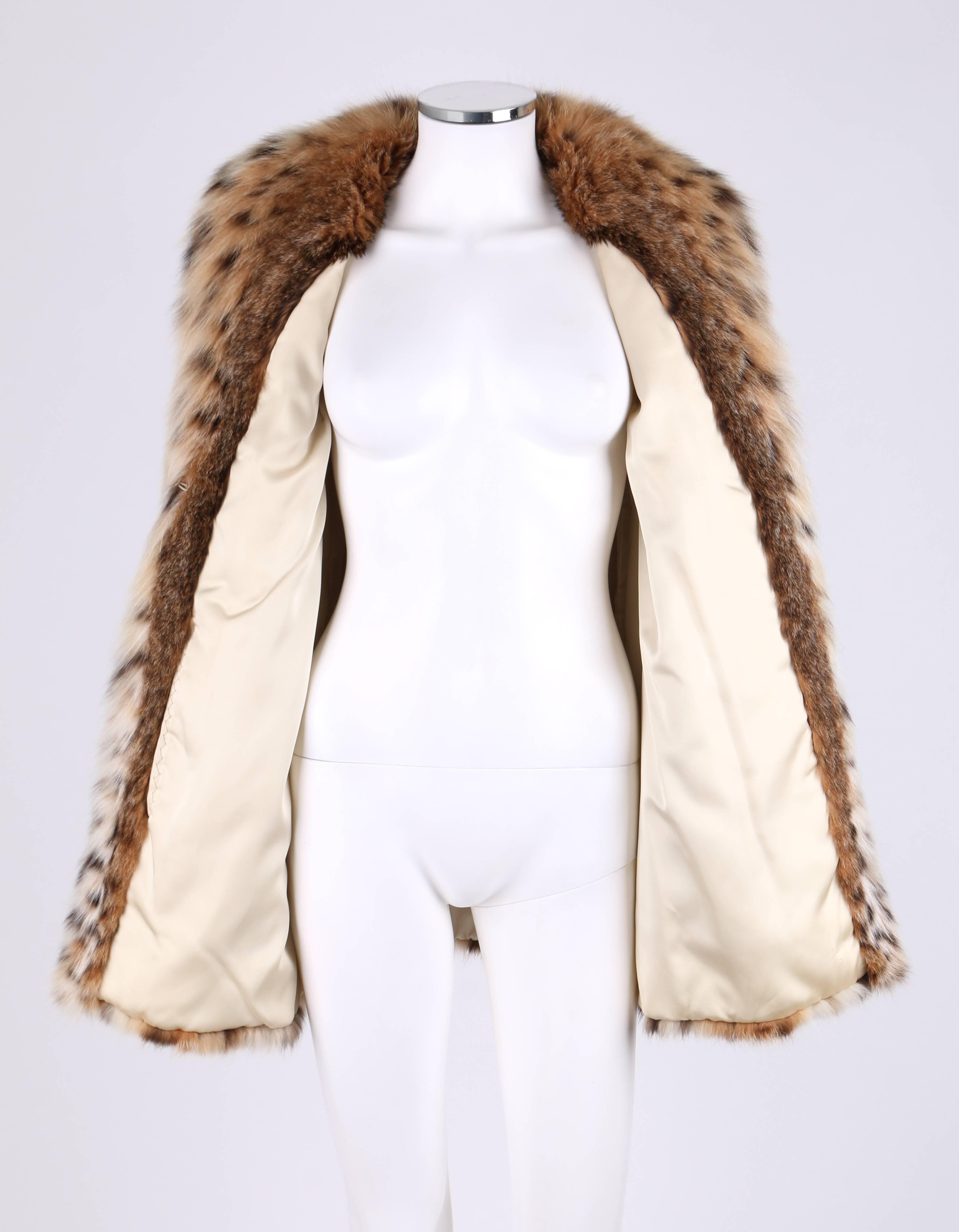 Brown GENUINE BOBCAT Spotted Fur Large Collar Statement Stroller Coat Jacket