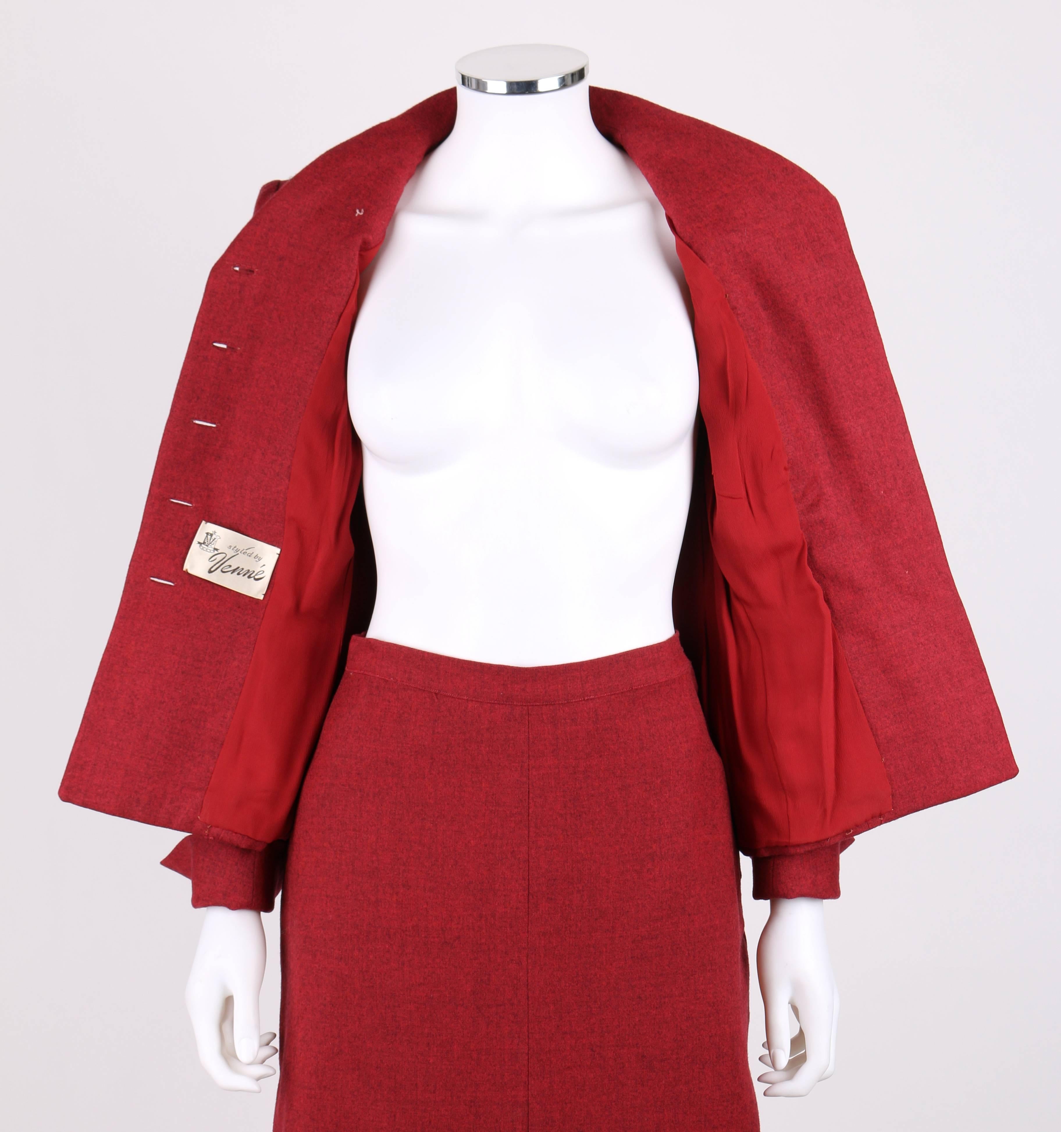 STYLED BY VENNE c.1940's 2 Piece Ruby Red Wool Embellished Blazer Skirt Suit 1