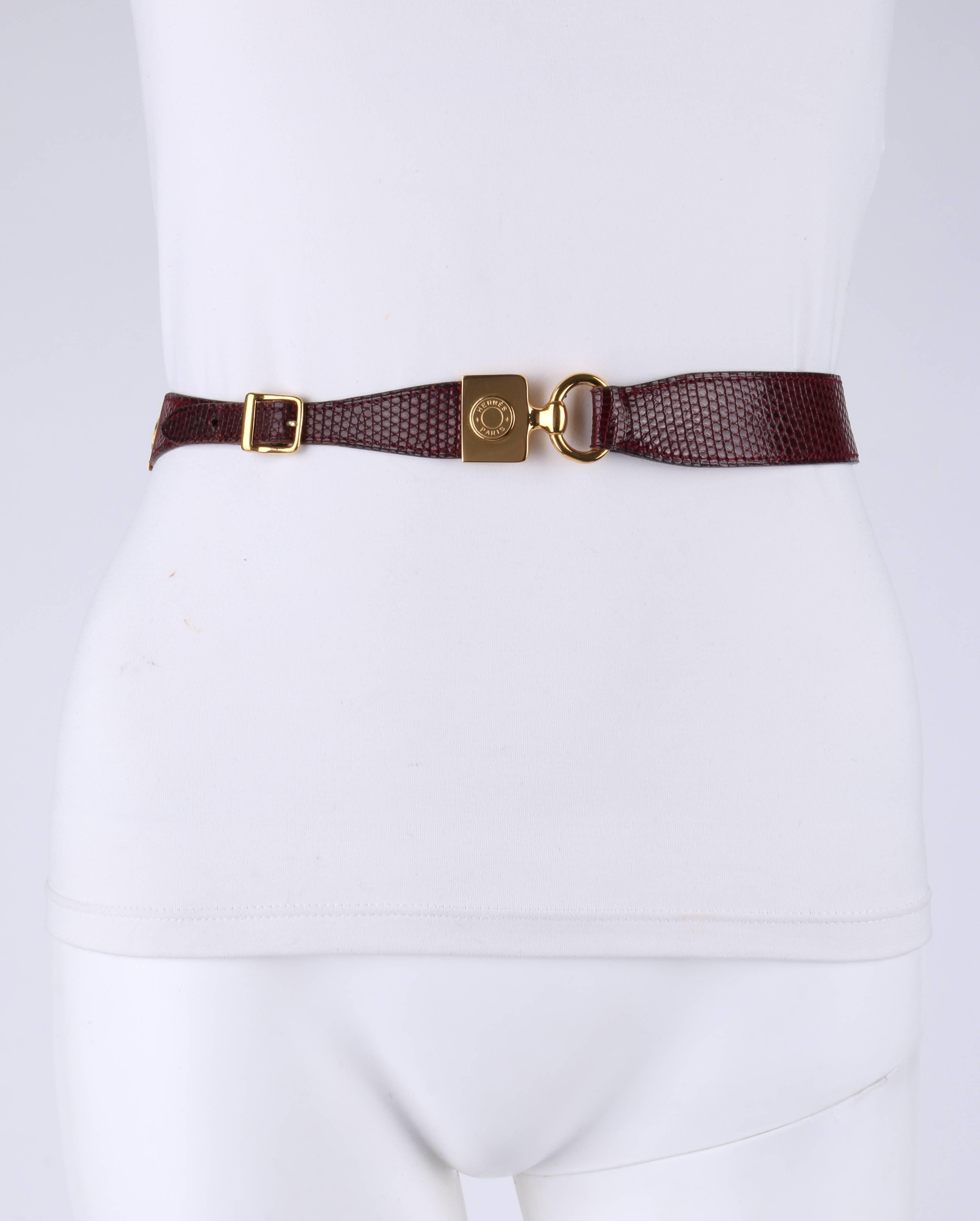 HERMES c.1980's Burgundy Lizard Skin Leather Equestrian Ring Belt Gold ...