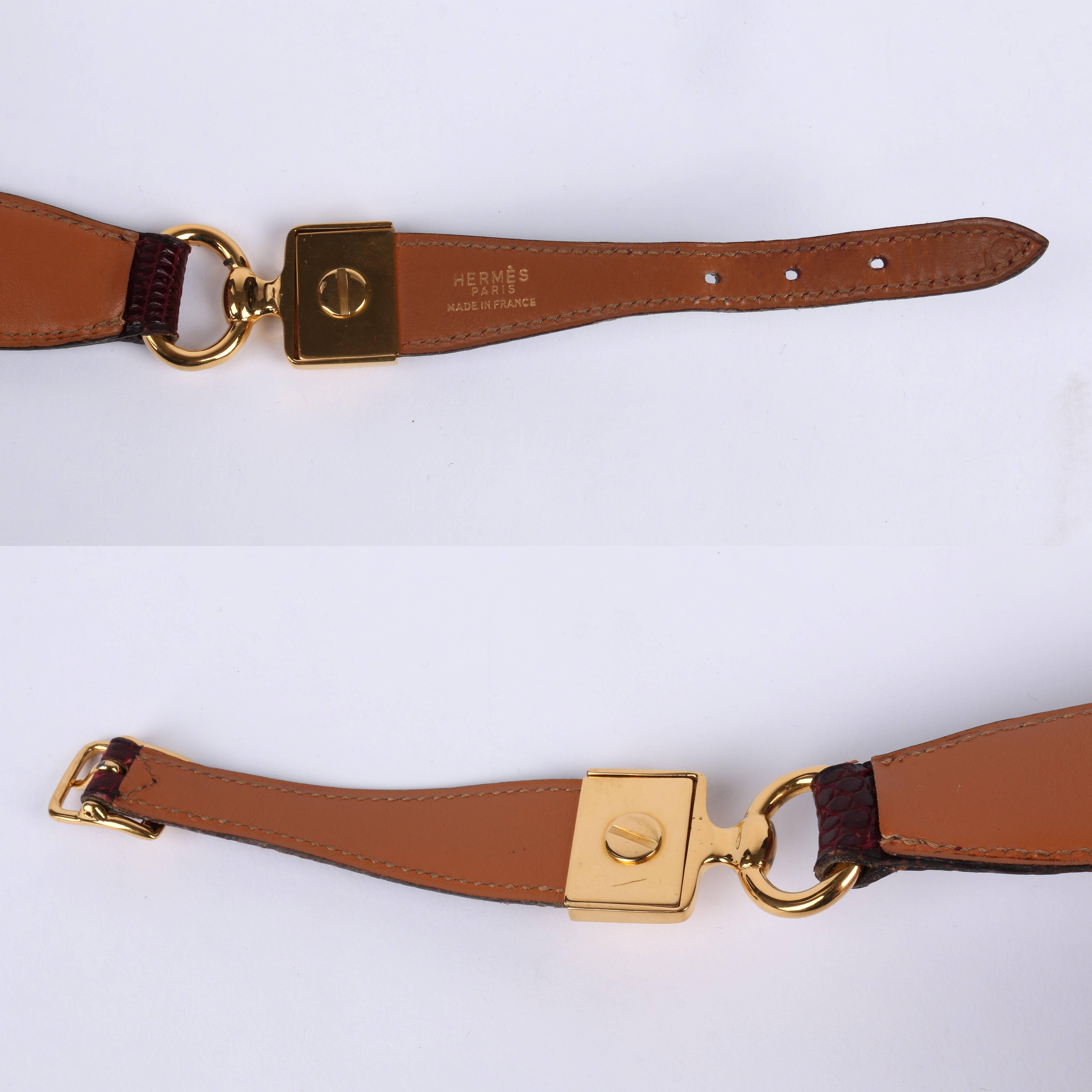 Women's HERMES c.1980's Burgundy Lizard Skin Leather Equestrian Ring Belt Gold Hardware