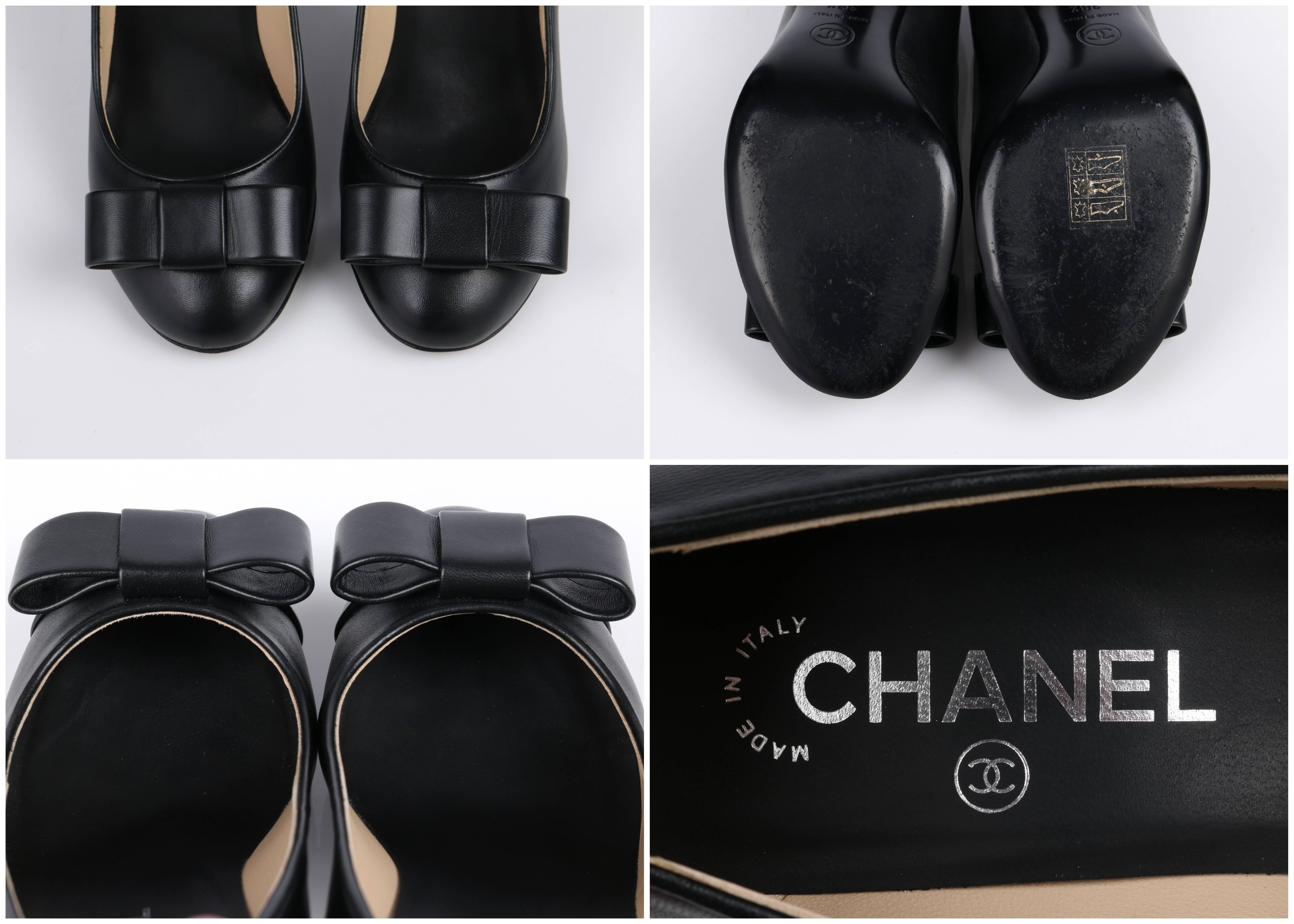 Women's CHANEL S/S 2015 Classic Black Leather CC Logo Bow Front Pumps Shoes 36.5
