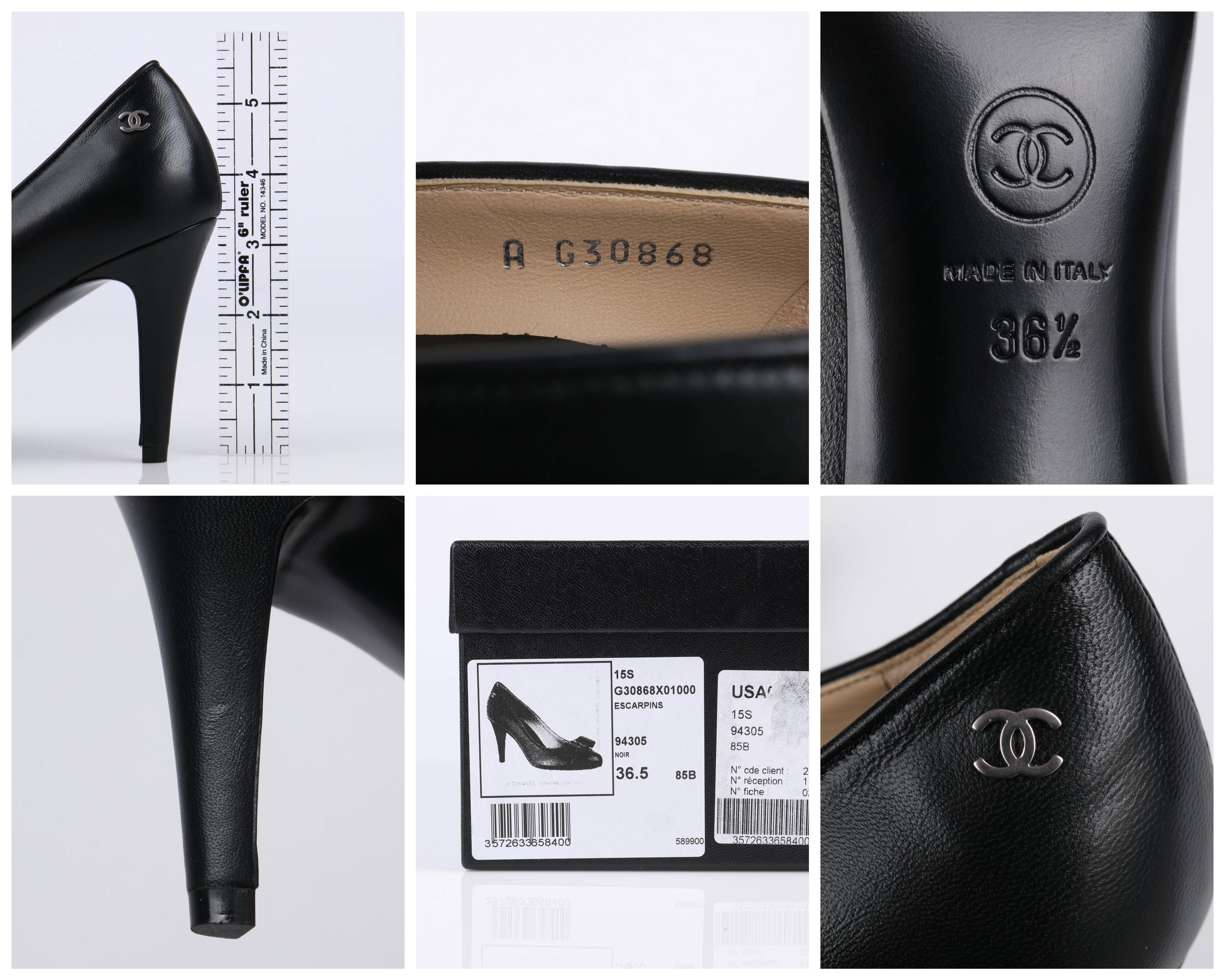 CHANEL S/S 2015 Classic Black Leather CC Logo Bow Front Pumps Shoes 36.5 2