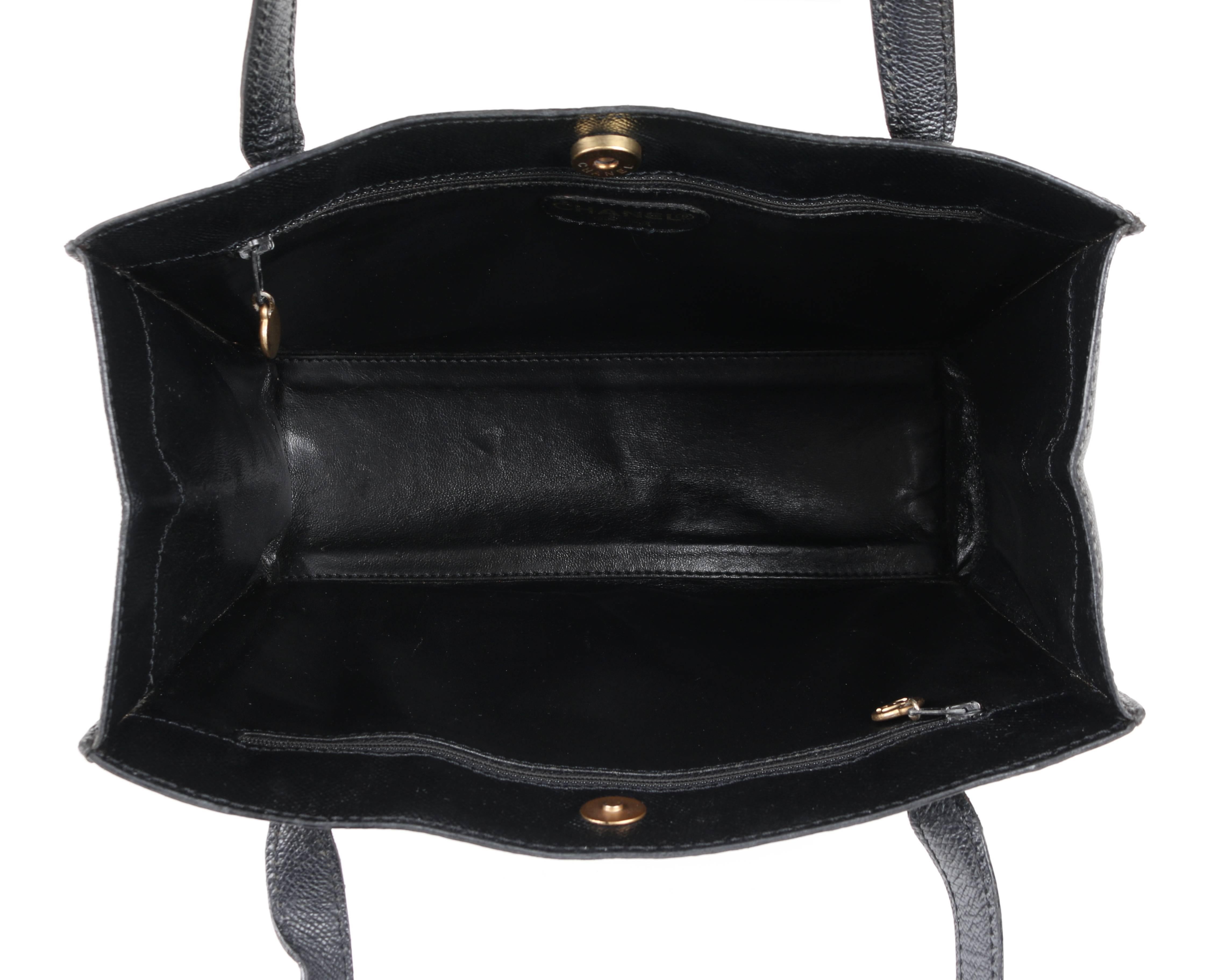 Women's CHANEL c.1990's Black Caviar Leather Structured Shoulder Bag Tote Handbag Purse 