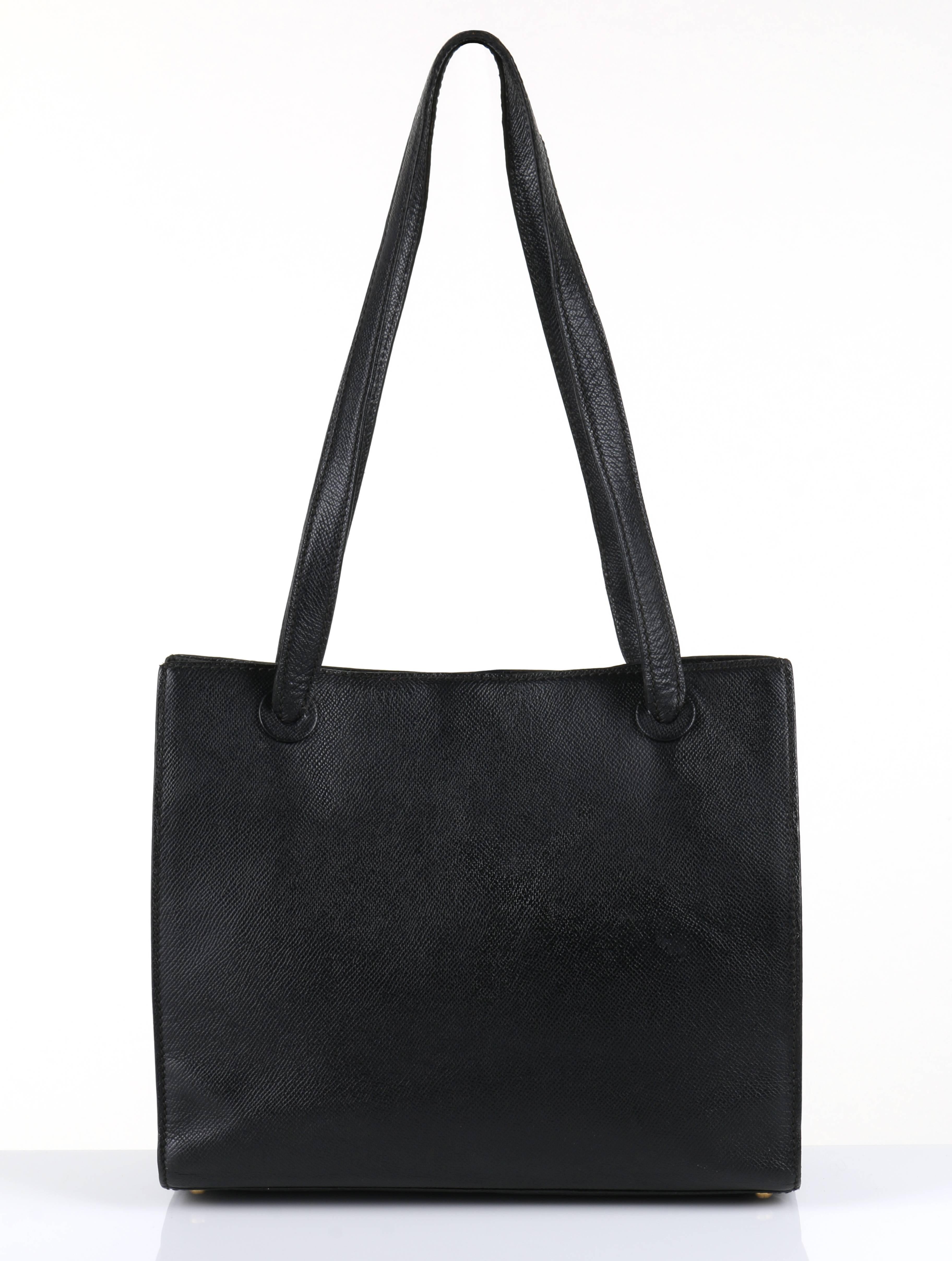 Chanel c.1990's black caviar structured leather tote.  Classic styling. Embossed 