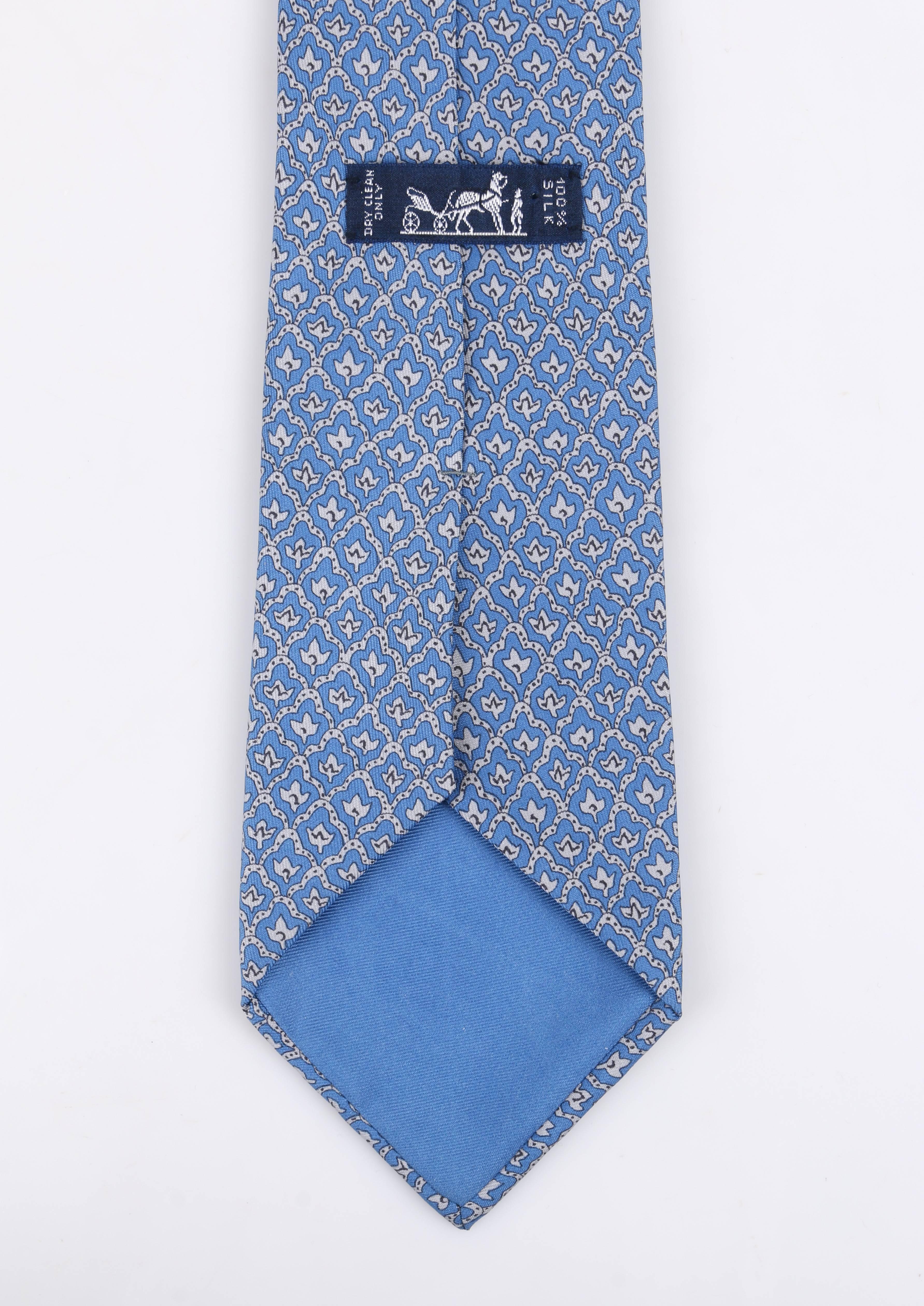 Men's HERMES 5 Fold Cornflower Blue White Diamond Leaf Print Silk Necktie Tie