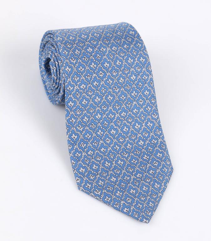 HERMES 5 Fold Cornflower Blue White Diamond Leaf Print Silk Necktie Tie