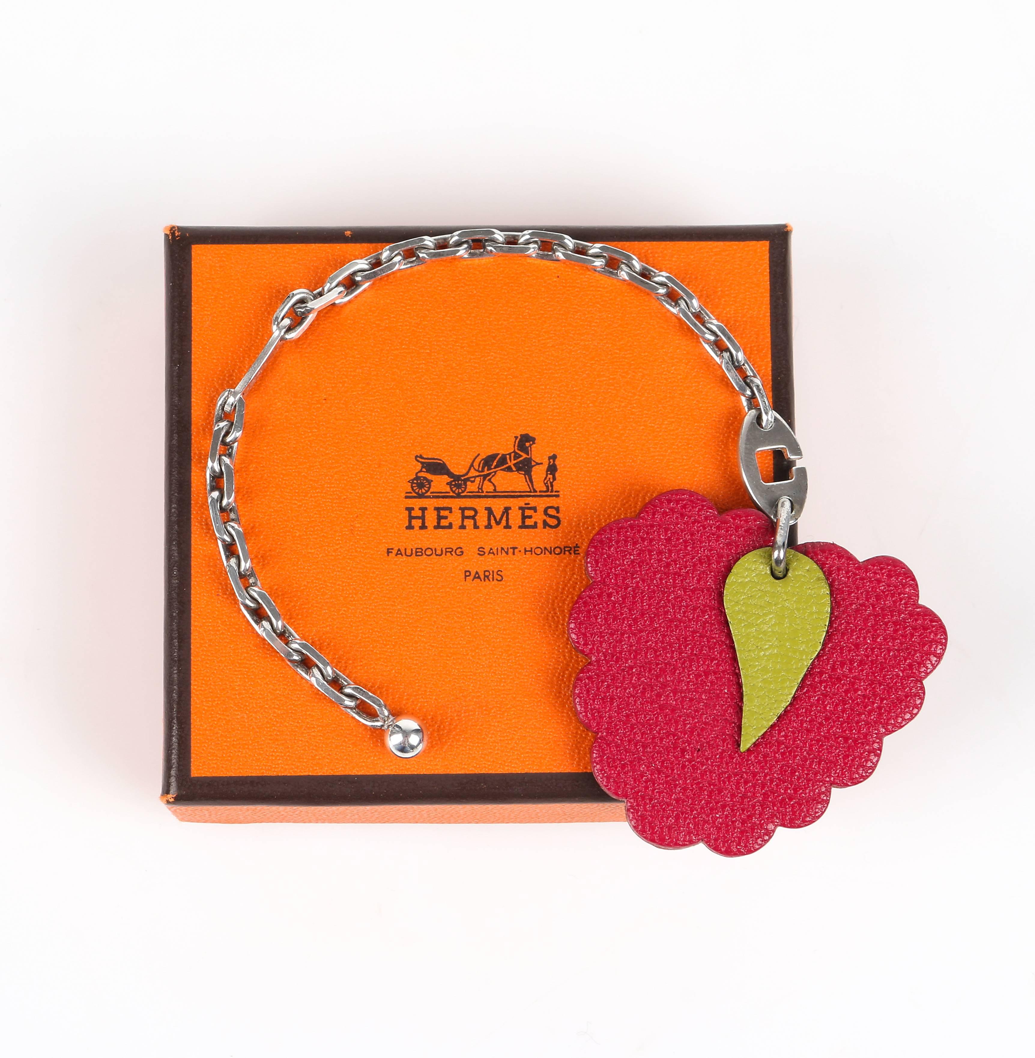 Hermes S/S 2005 leather raspberry motif bag charm key chain.  Designed by Jean Paul Gaultier.  Sterling silver drawn cable chain.  Hermes Paris stamp on reverse side of leaf.  Signed chain.  Marked Material: 
