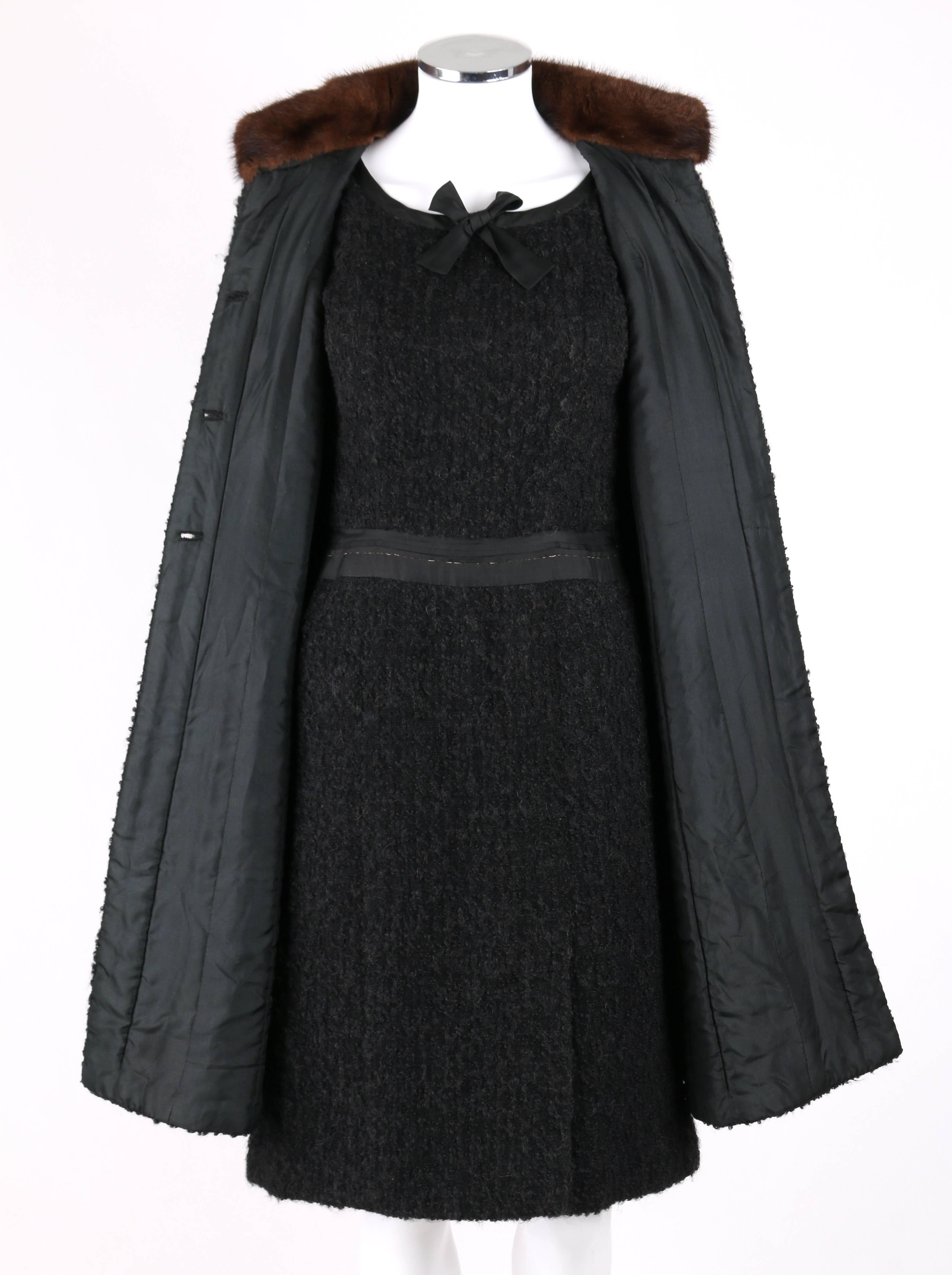 CHANEL c.1960's Haute Couture Black Boucle Wool Mink Coat & Sleeveless Dress Set 2