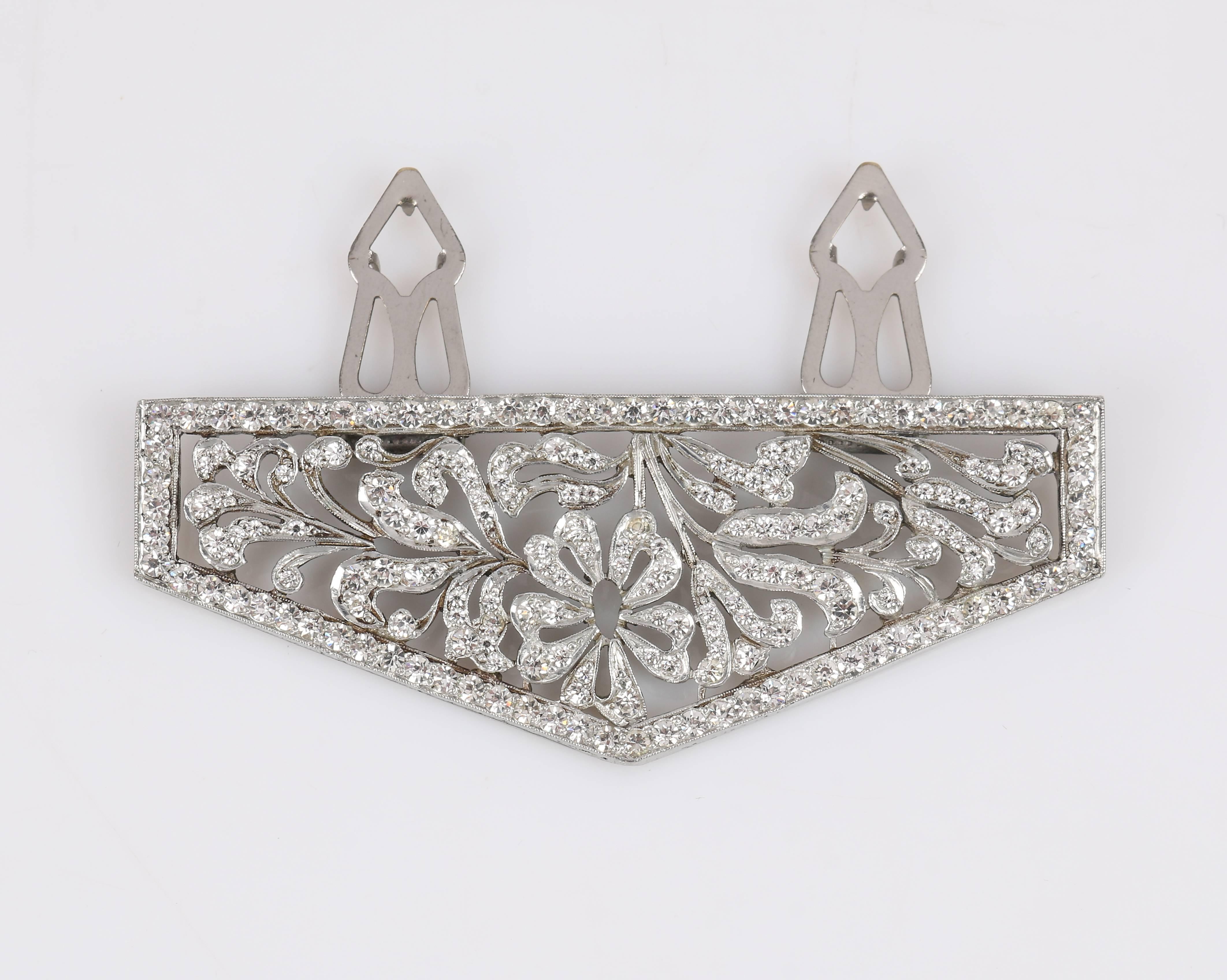 c.1930's Cut Steel Silver Crystal Rhinestone Floral Open Work Dress / Fur Clip In Excellent Condition In Thiensville, WI