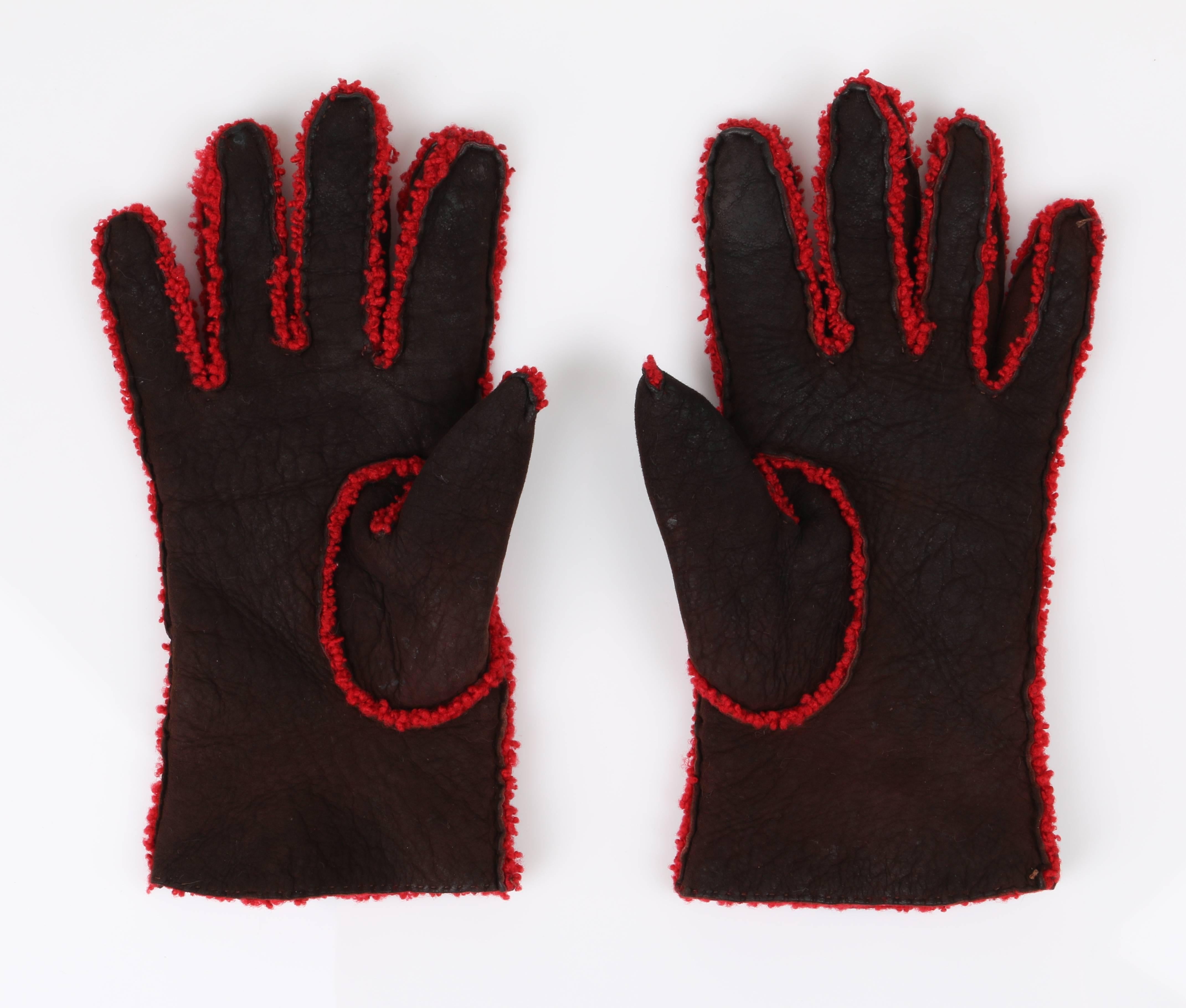 Chanel brown suede leather gloves. Red bouclé seam trim and lining. Stitched 