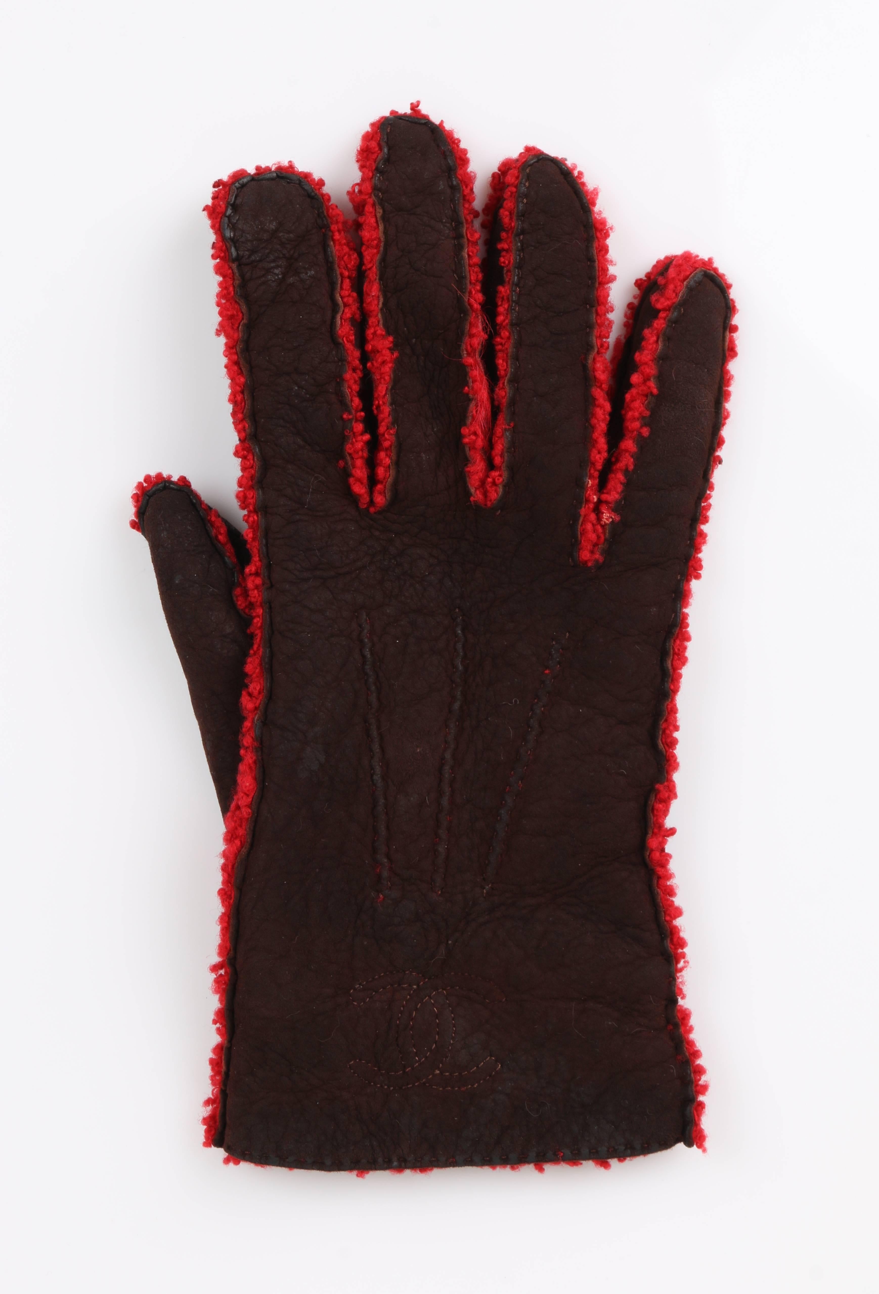 Black CHANEL Brown Suede Leather Red Boucle Wool Lined Leather Gloves