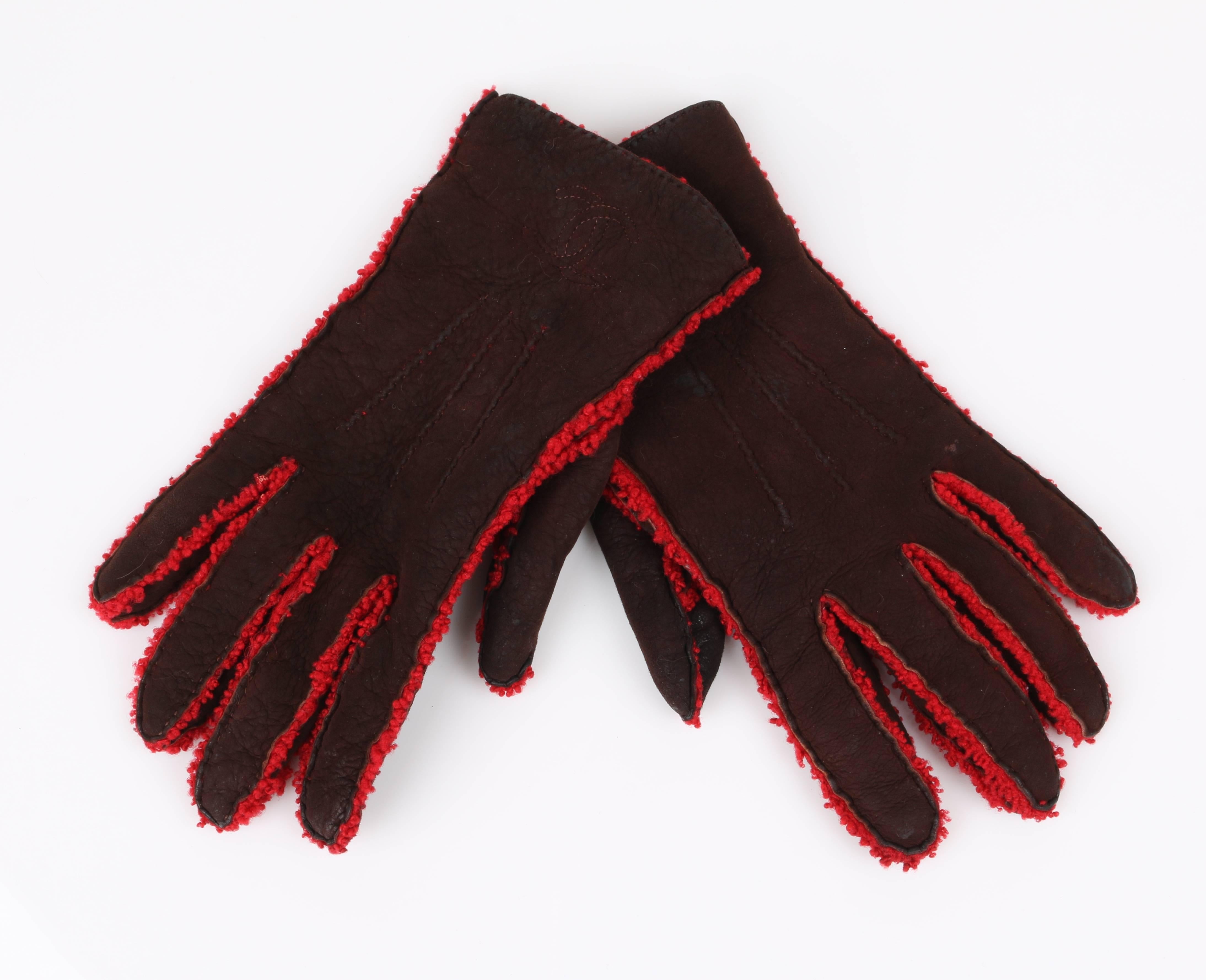 CHANEL Brown Suede Leather Red Boucle Wool Lined Leather Gloves 2