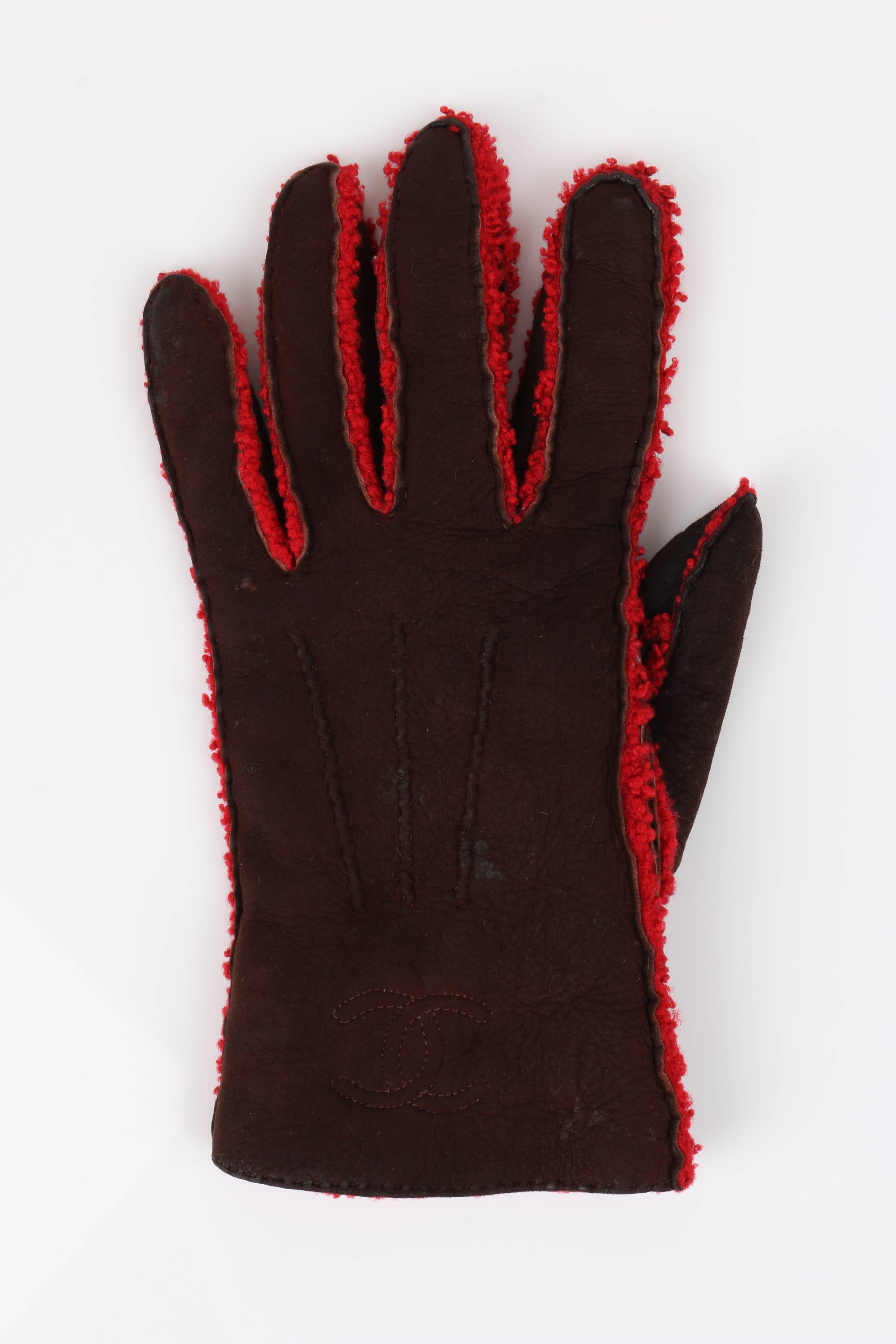 Women's CHANEL Brown Suede Leather Red Boucle Wool Lined Leather Gloves