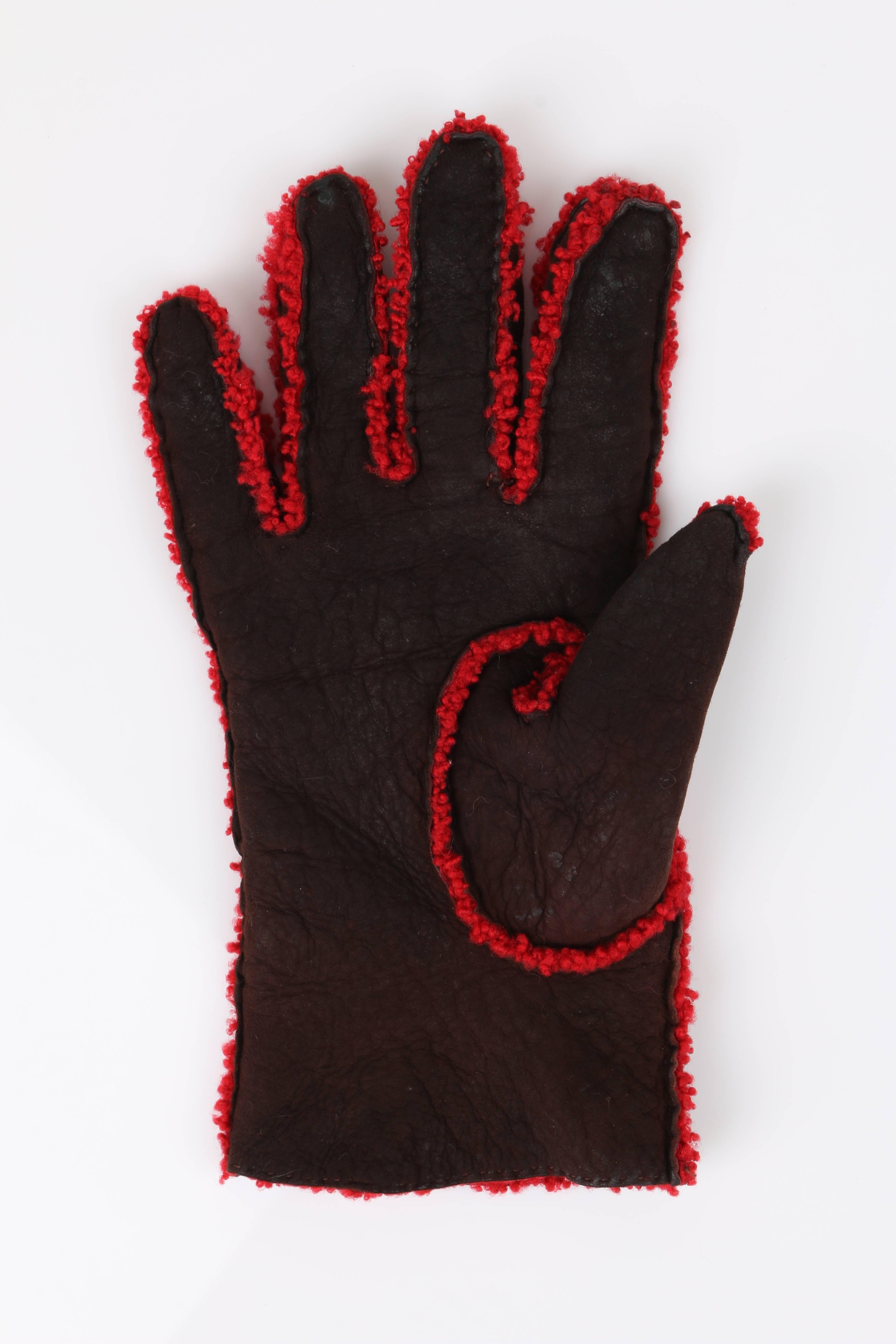 CHANEL Brown Suede Leather Red Boucle Wool Lined Leather Gloves 1