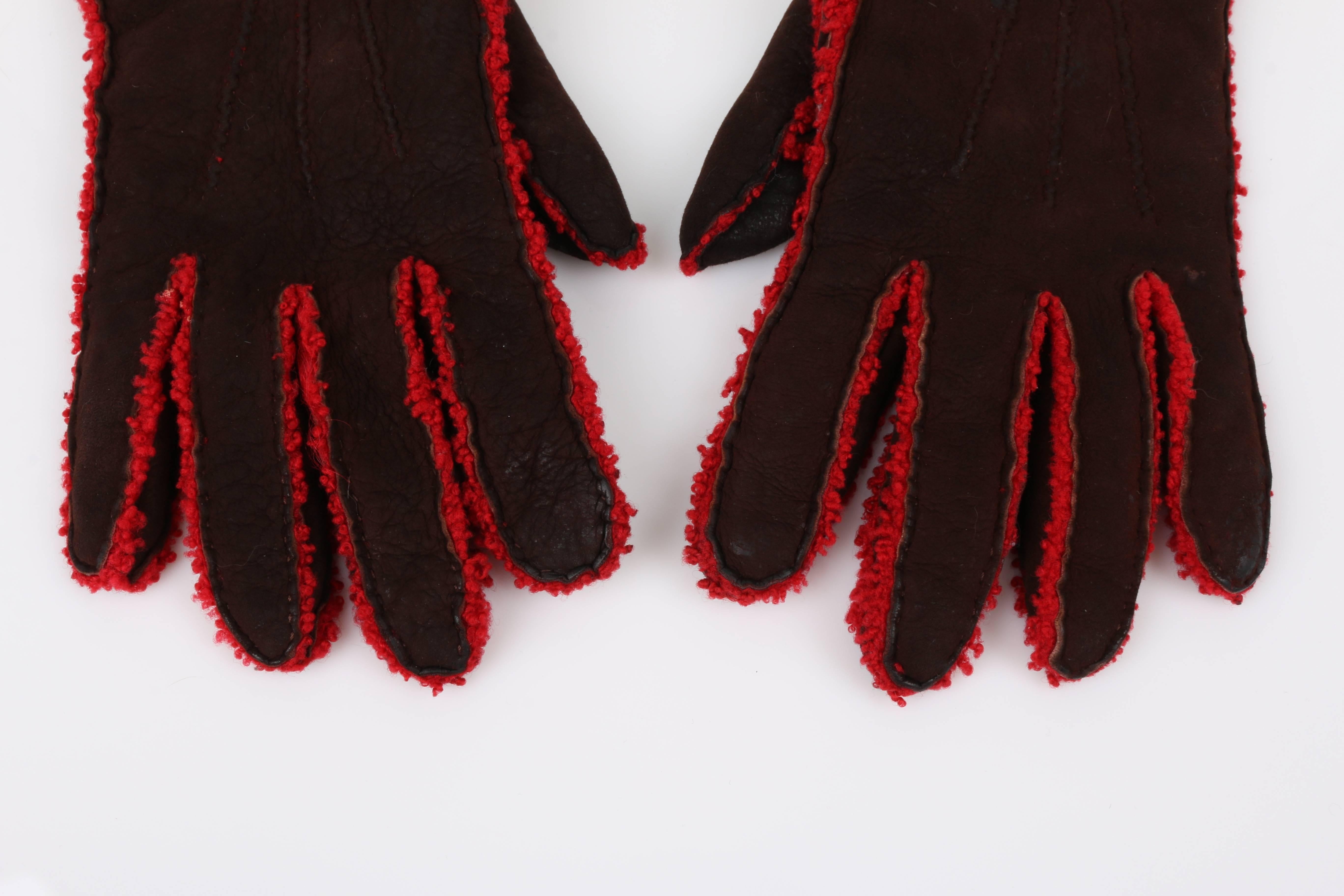 CHANEL Brown Suede Leather Red Boucle Wool Lined Leather Gloves 3