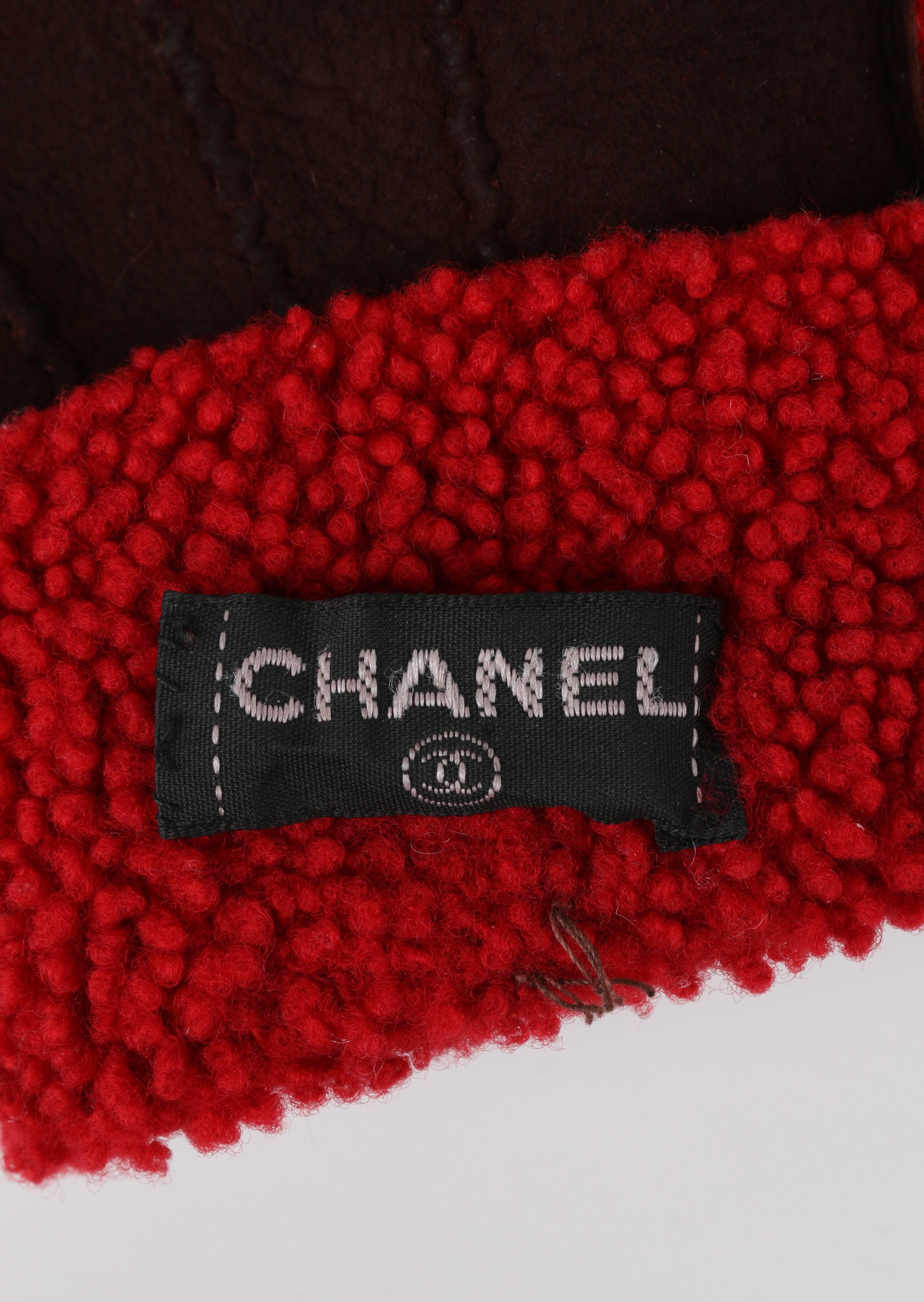 CHANEL Brown Suede Leather Red Boucle Wool Lined Leather Gloves 5