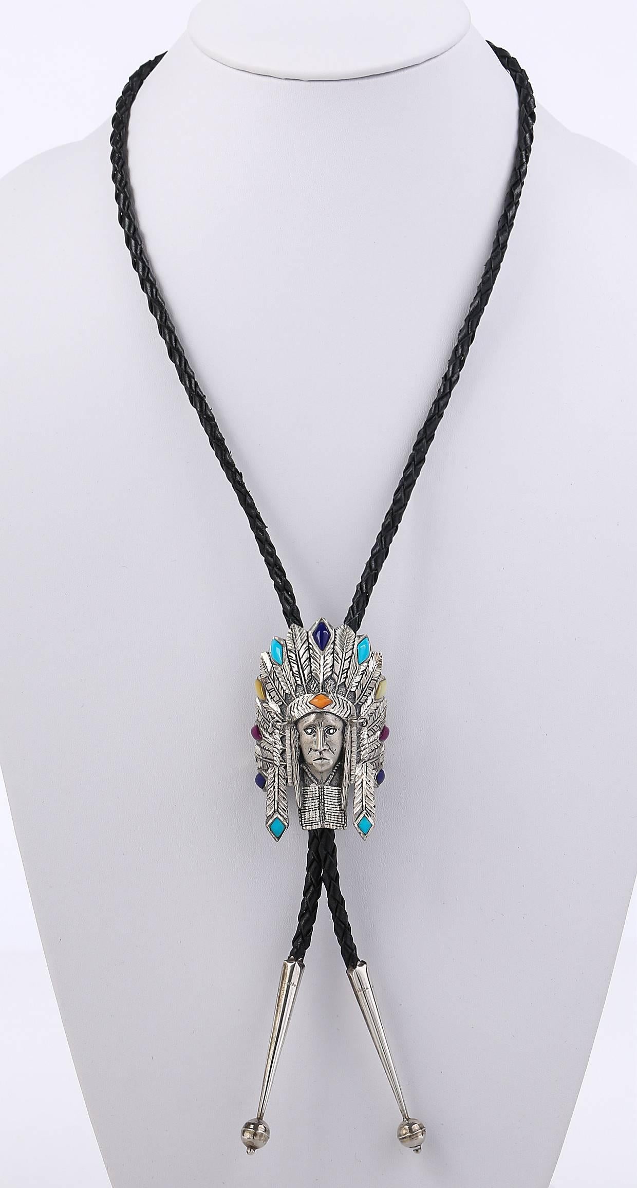 Custom and one-of-a-kind sterling silver Native American indian headdress bolo tie clip singed / stamped 