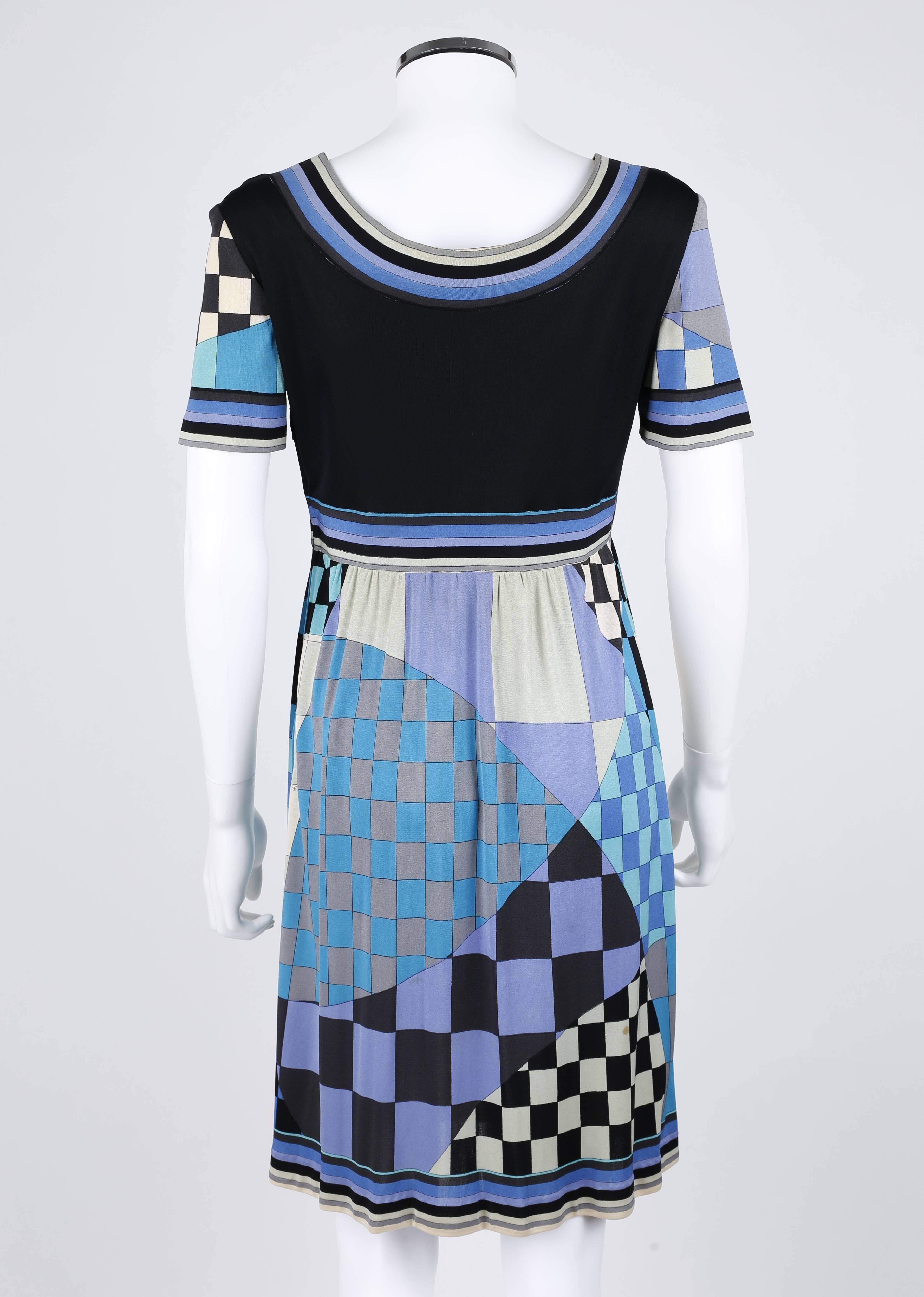 Blue EMILIO PUCCI c.1960's Multicolor Checker Board Signature Print Silk Jersey Dress