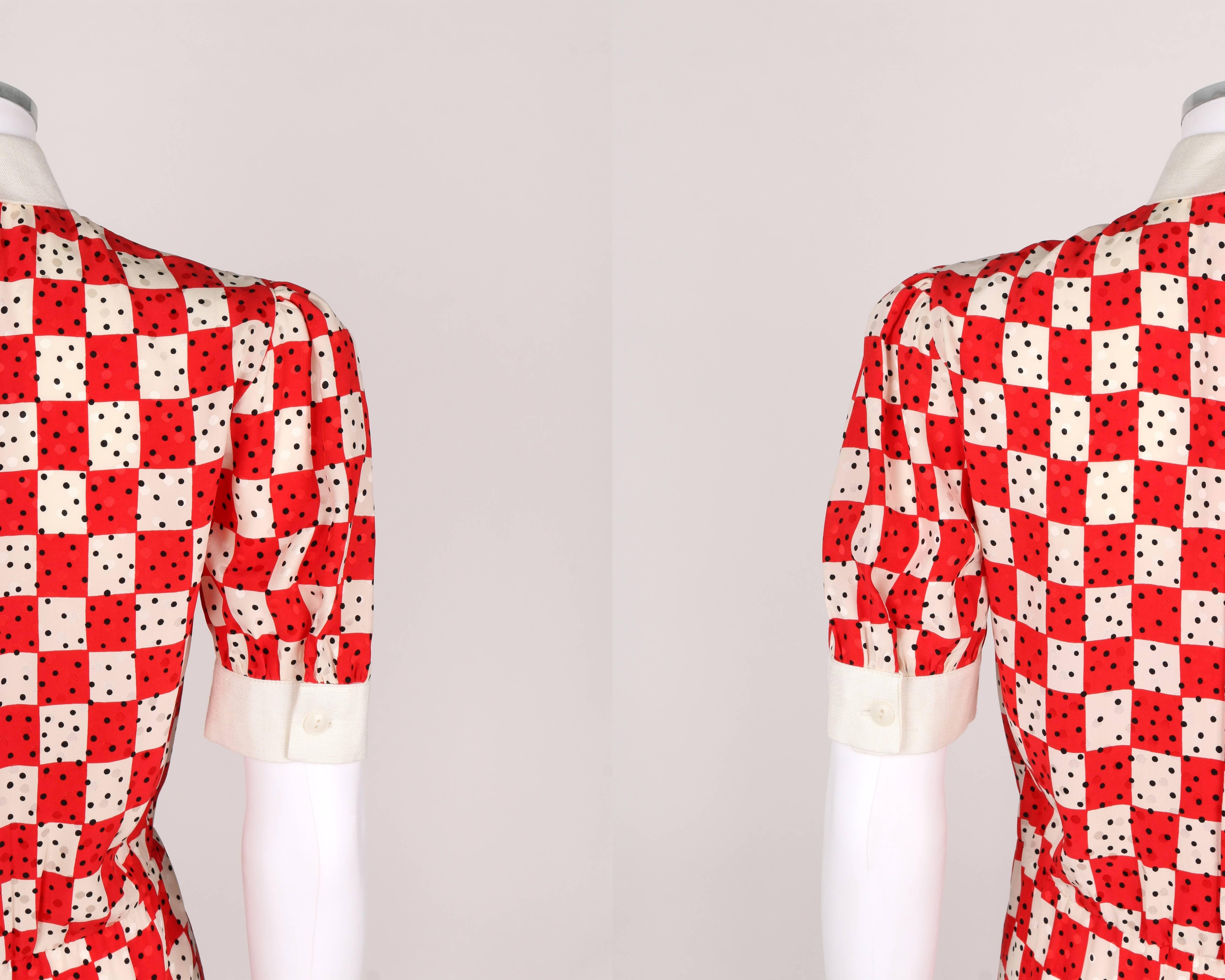 BILL BLASS c.1980's Red White Checkboard Polka Dot Print Silk Shirtwaist Dress 3