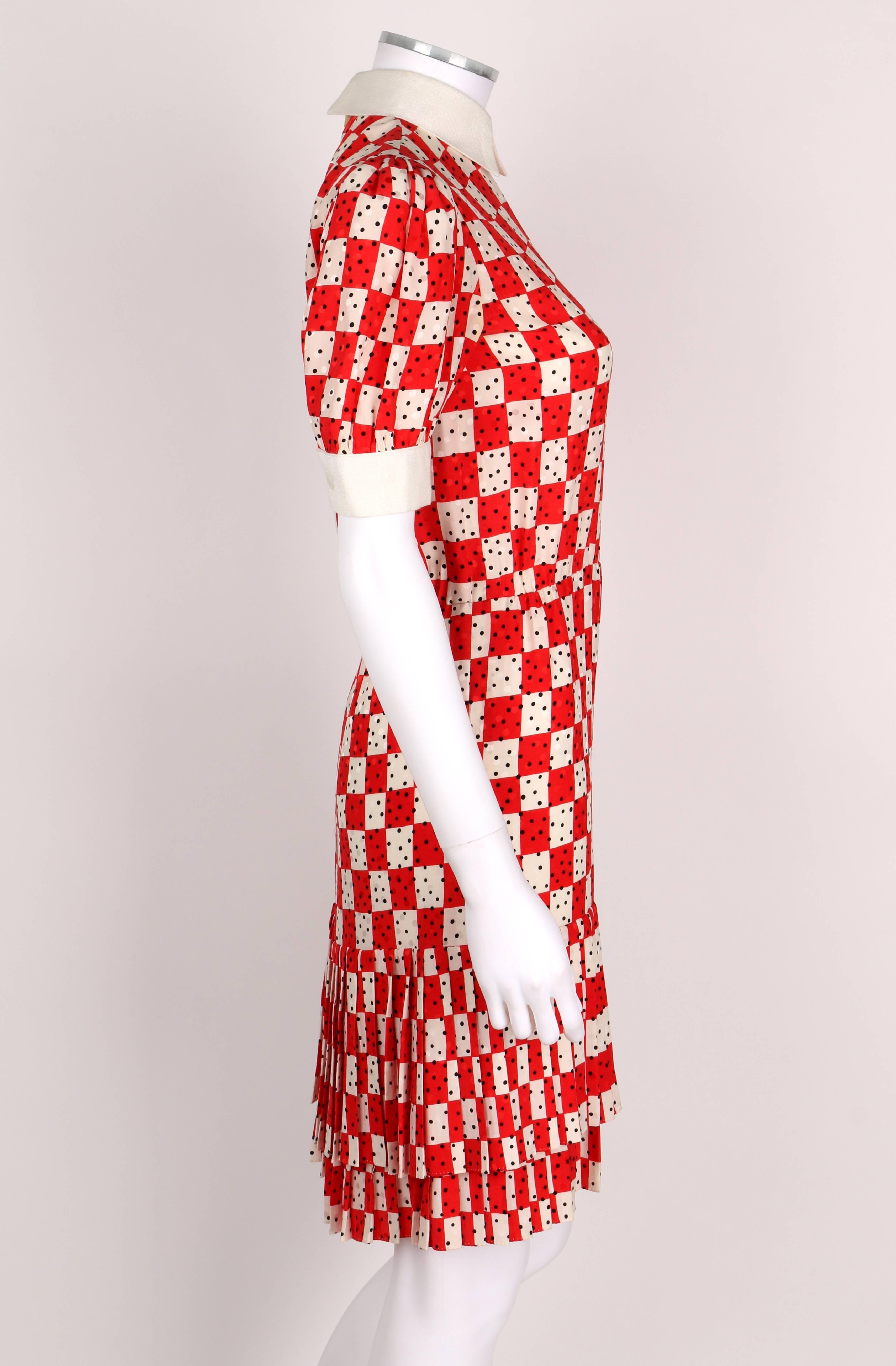 BILL BLASS c.1980's Red White Checkboard Polka Dot Print Silk Shirtwaist Dress In Excellent Condition In Thiensville, WI