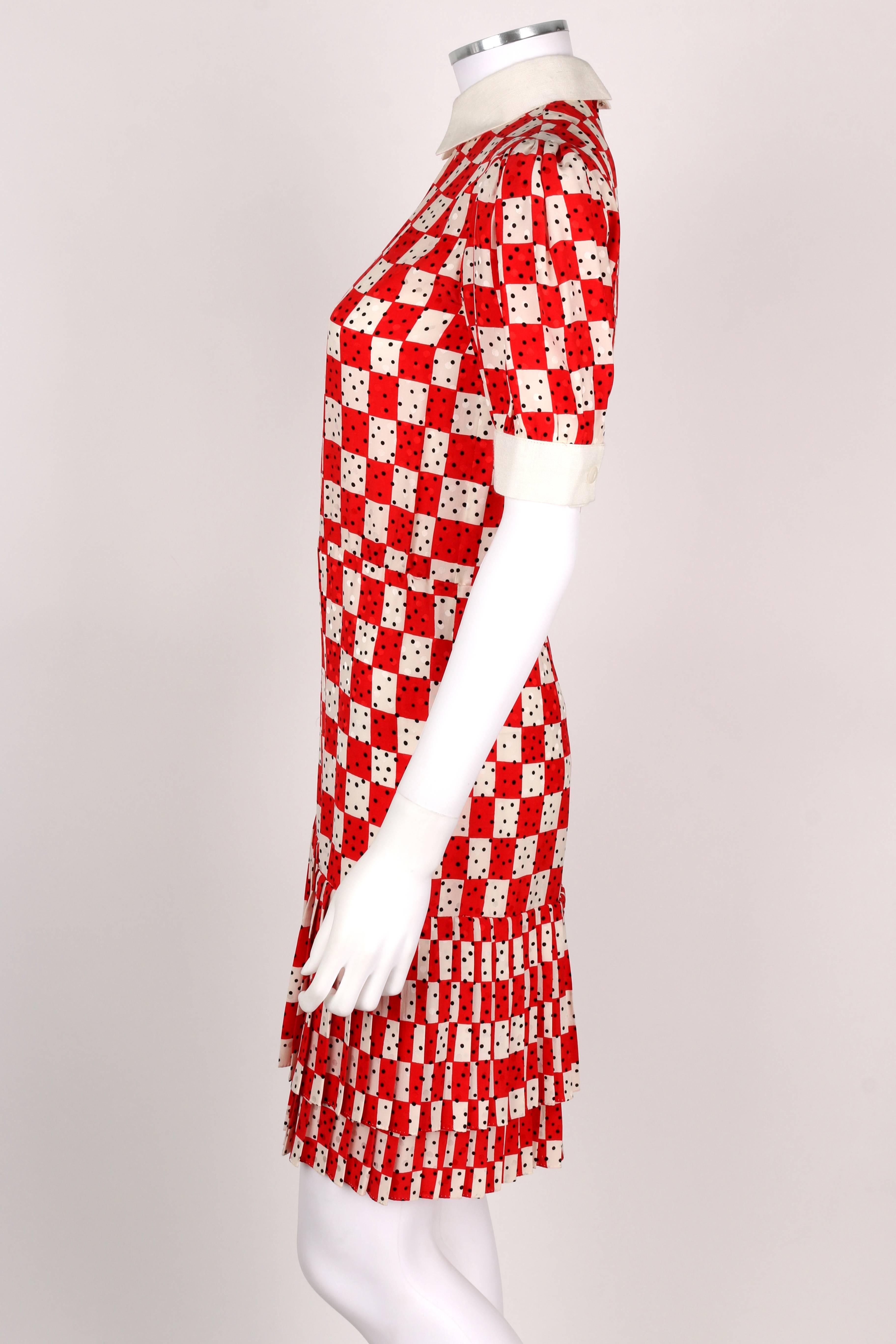 BILL BLASS c.1980's Red White Checkboard Polka Dot Print Silk Shirtwaist Dress 1