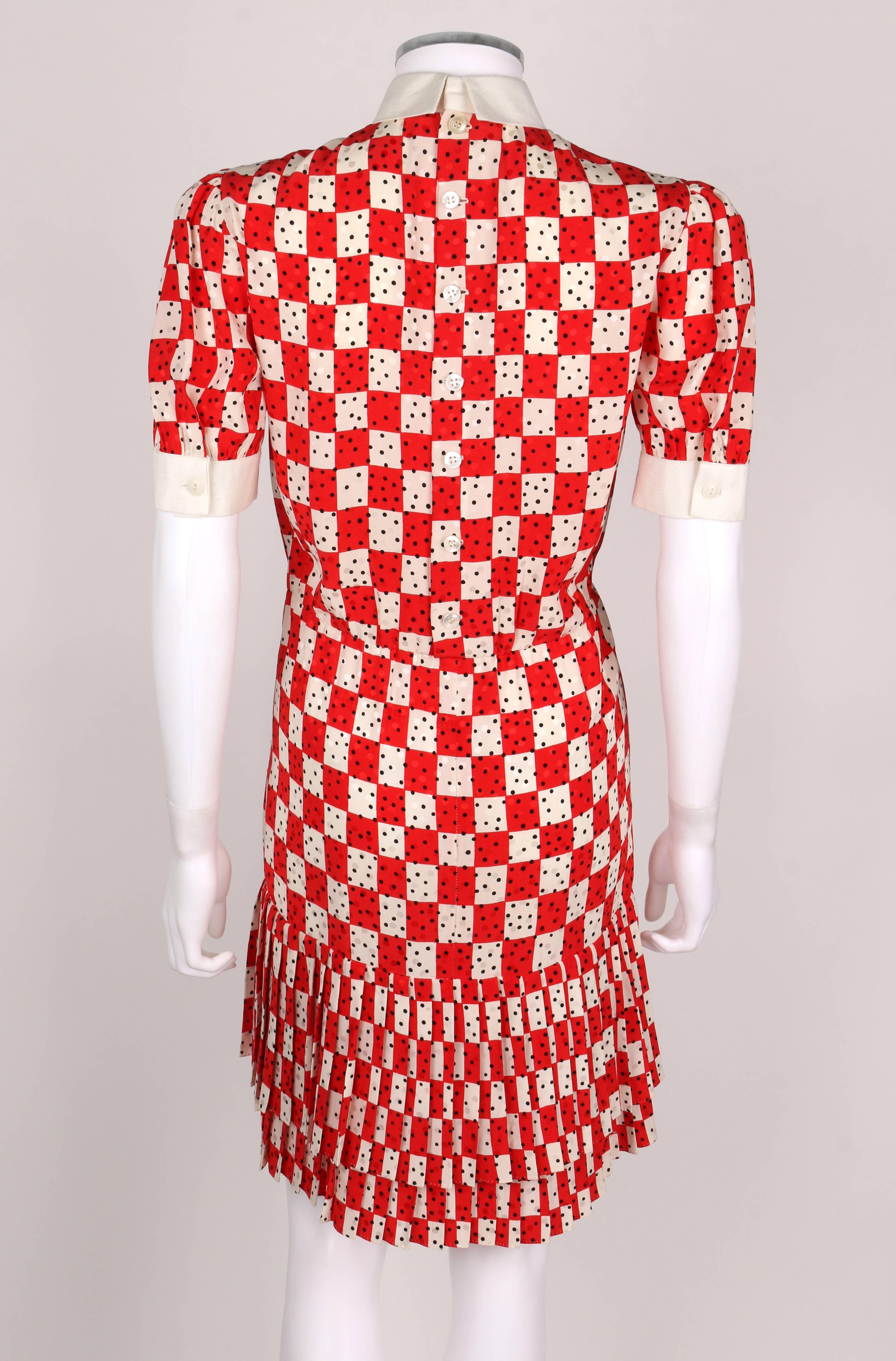 Women's BILL BLASS c.1980's Red White Checkboard Polka Dot Print Silk Shirtwaist Dress