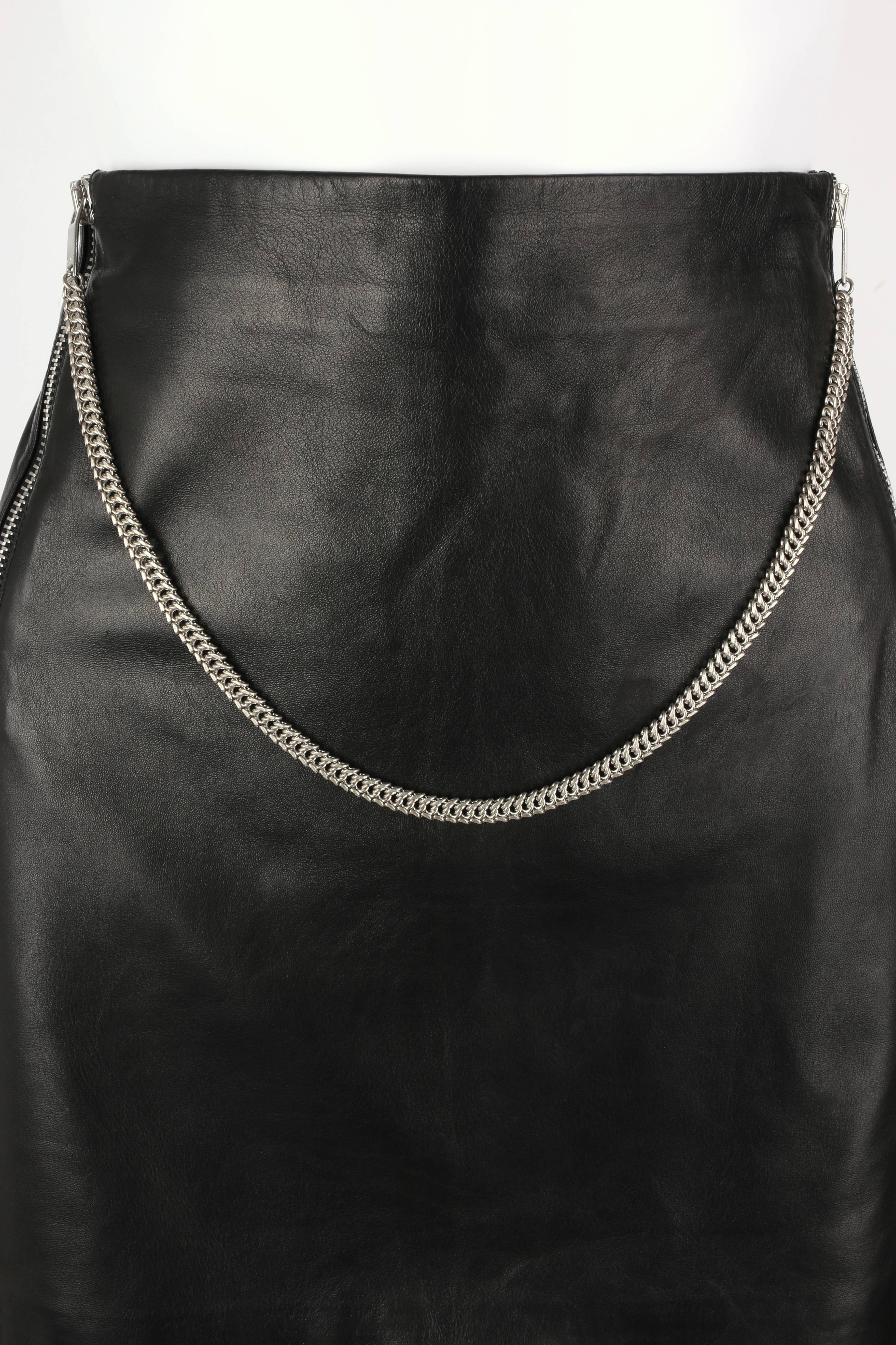 SAINT LAURENT c.2012 Black Lambskin Leather Silver Chain Zipper Mini Skirt  2