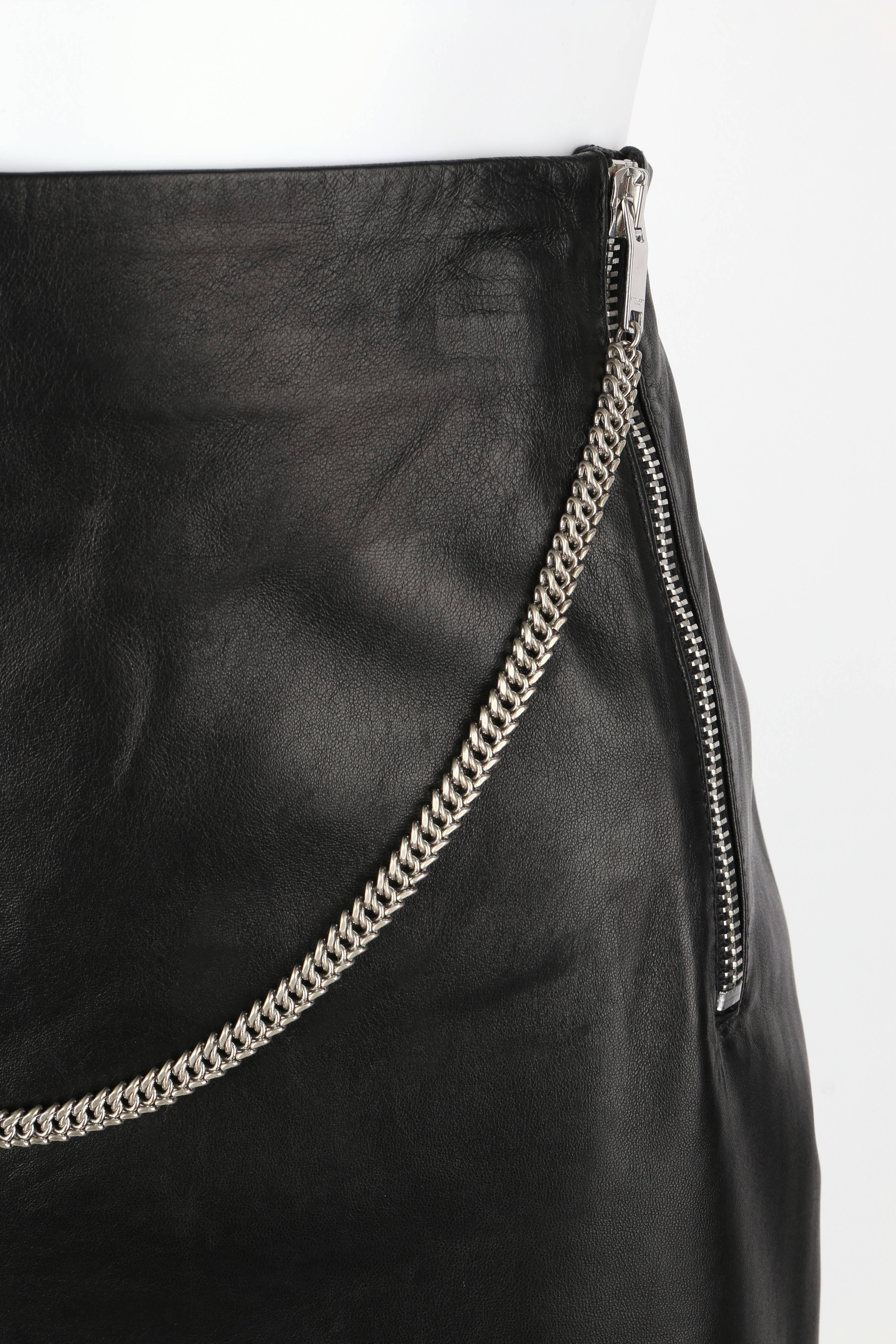 SAINT LAURENT c.2012 Black Lambskin Leather Silver Chain Zipper Mini Skirt  4
