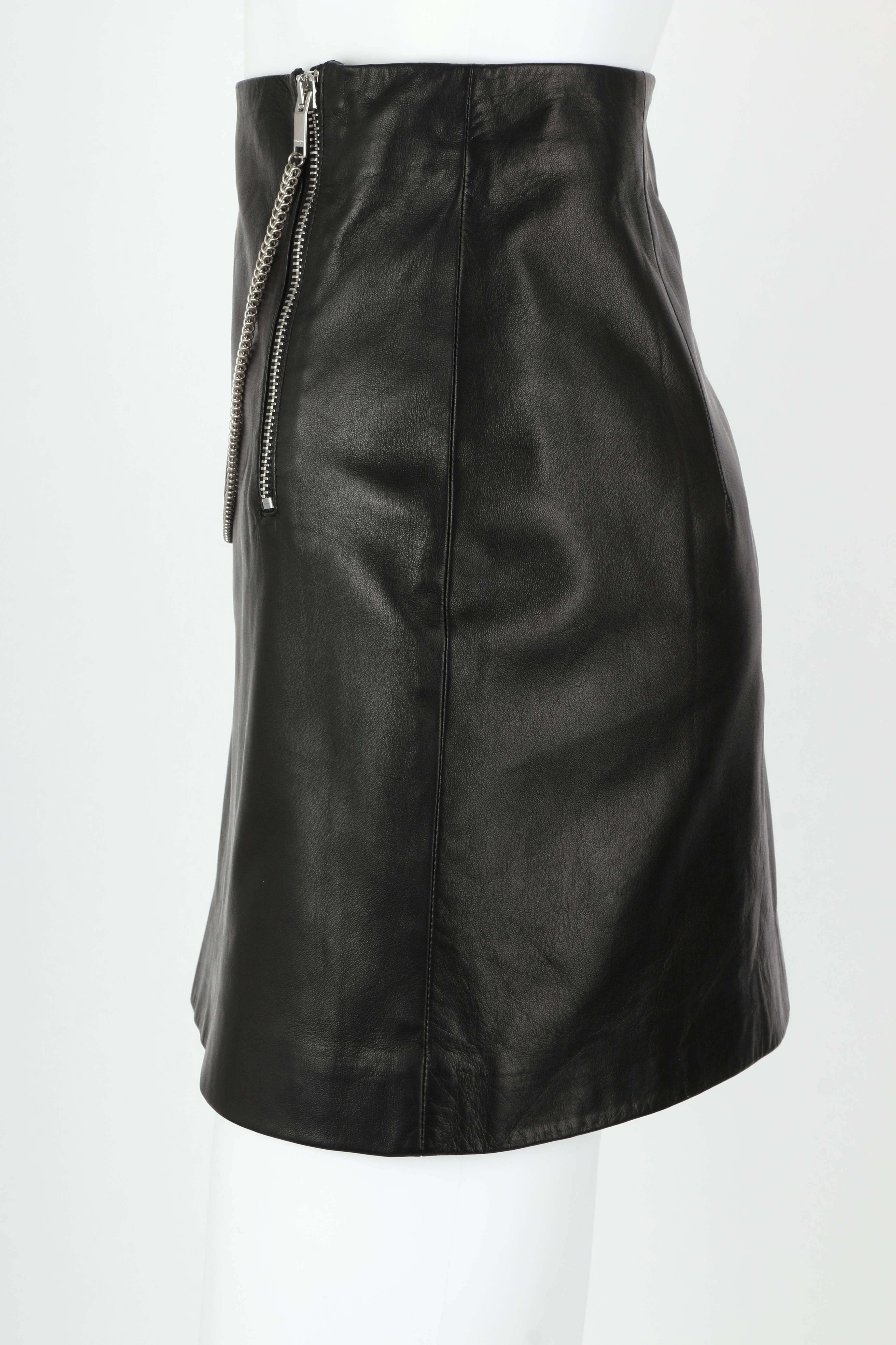 SAINT LAURENT c.2012 Black Lambskin Leather Silver Chain Zipper Mini Skirt  1