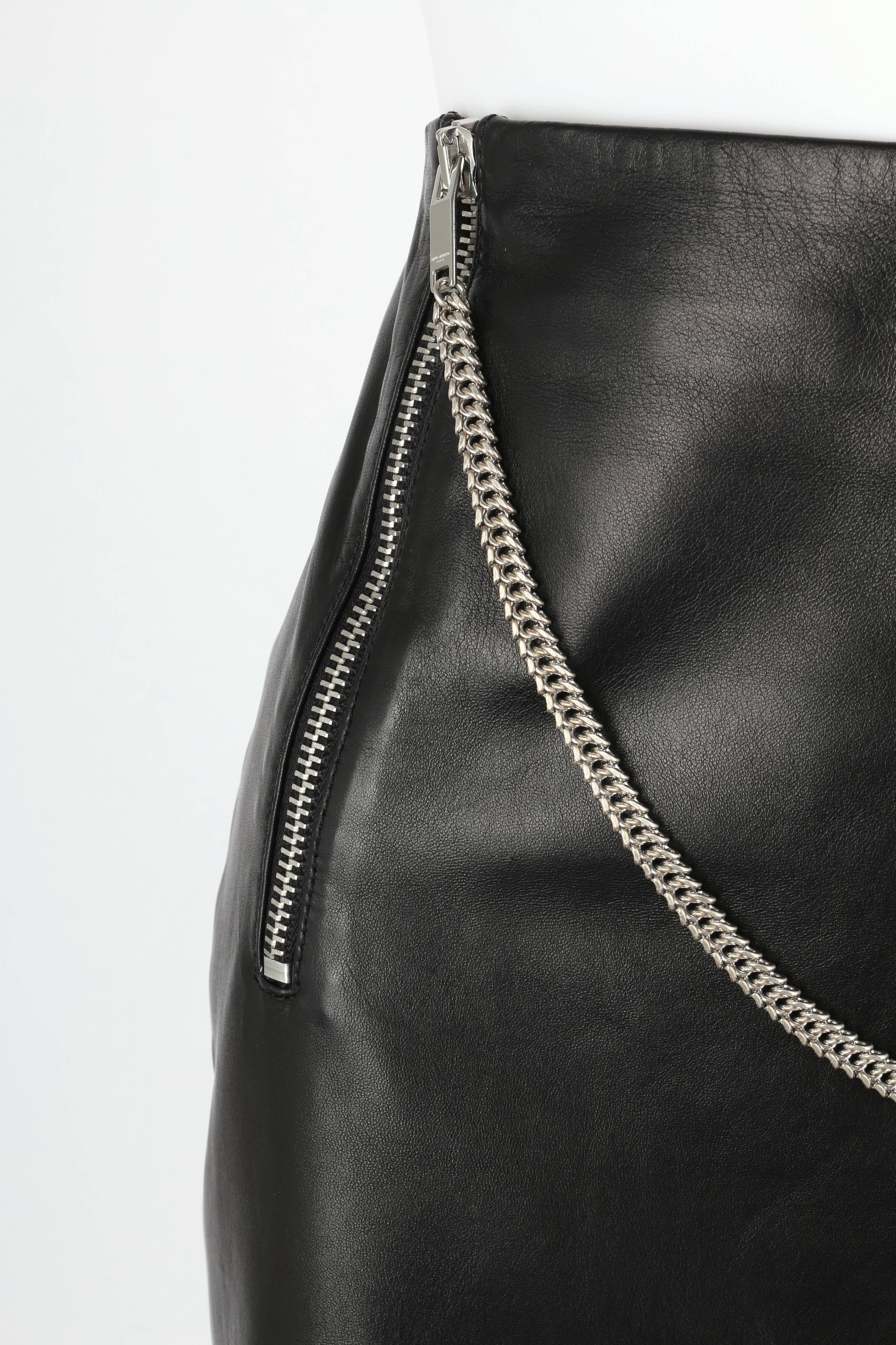 SAINT LAURENT c.2012 Black Lambskin Leather Silver Chain Zipper Mini Skirt  3