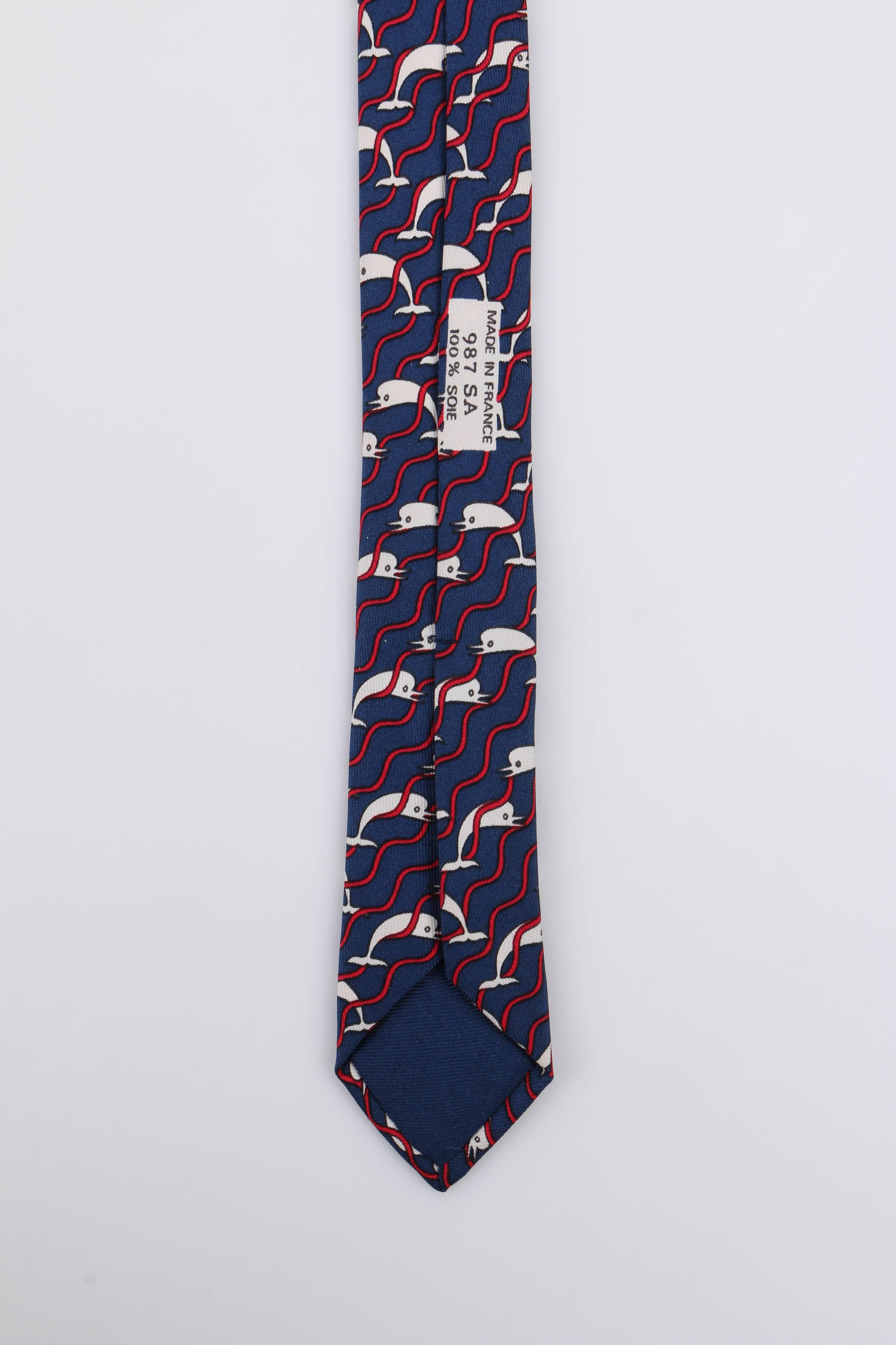 HERMES 5 Fold Navy Blue Dolphin Wave Stripe Print Silk Necktie Tie 987 SA 2